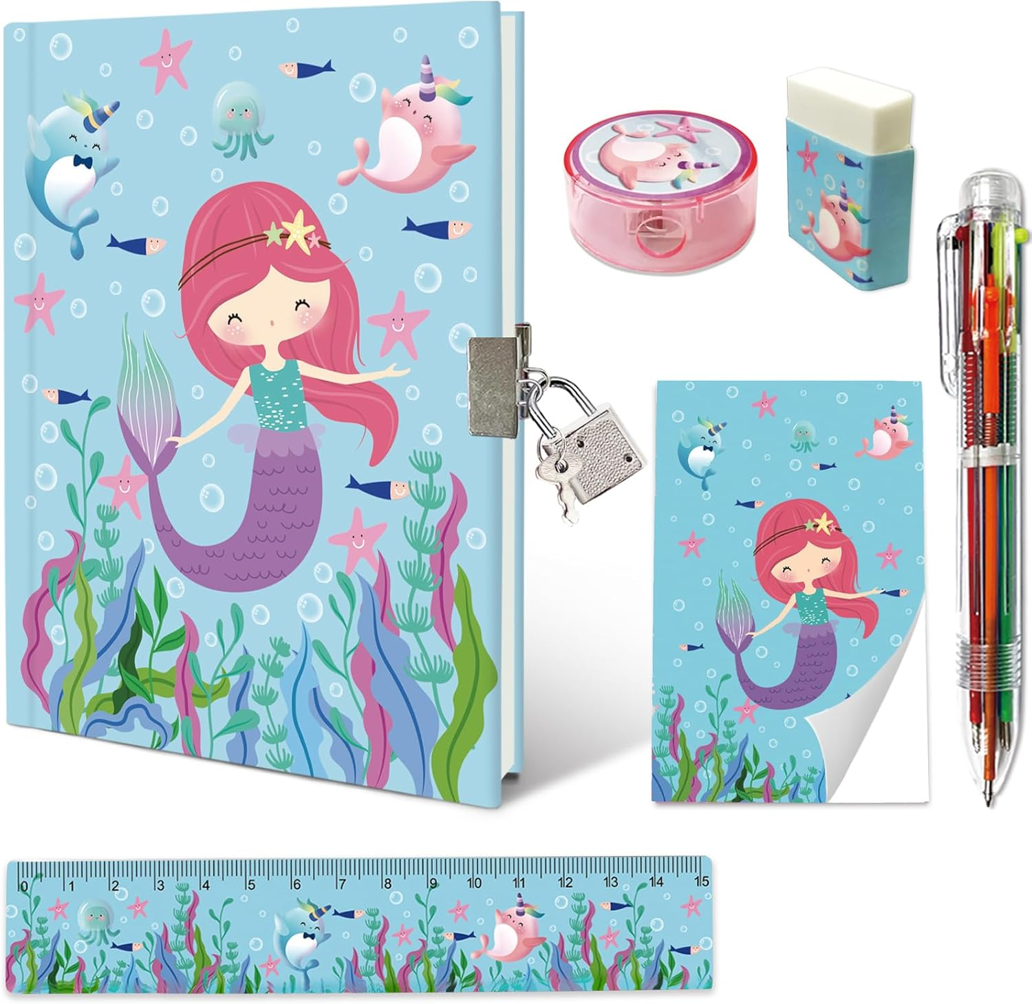 Set of Girls Diary with Lock, Butterfly Kids Journal Pen Set Includes 7.1X5.3 Inches Pink Girls Notebook Memo Pad Ruler 6 Multicolored Pen Sharpener Eraser Stationary Kit Gifts for Girls 6-10 Year