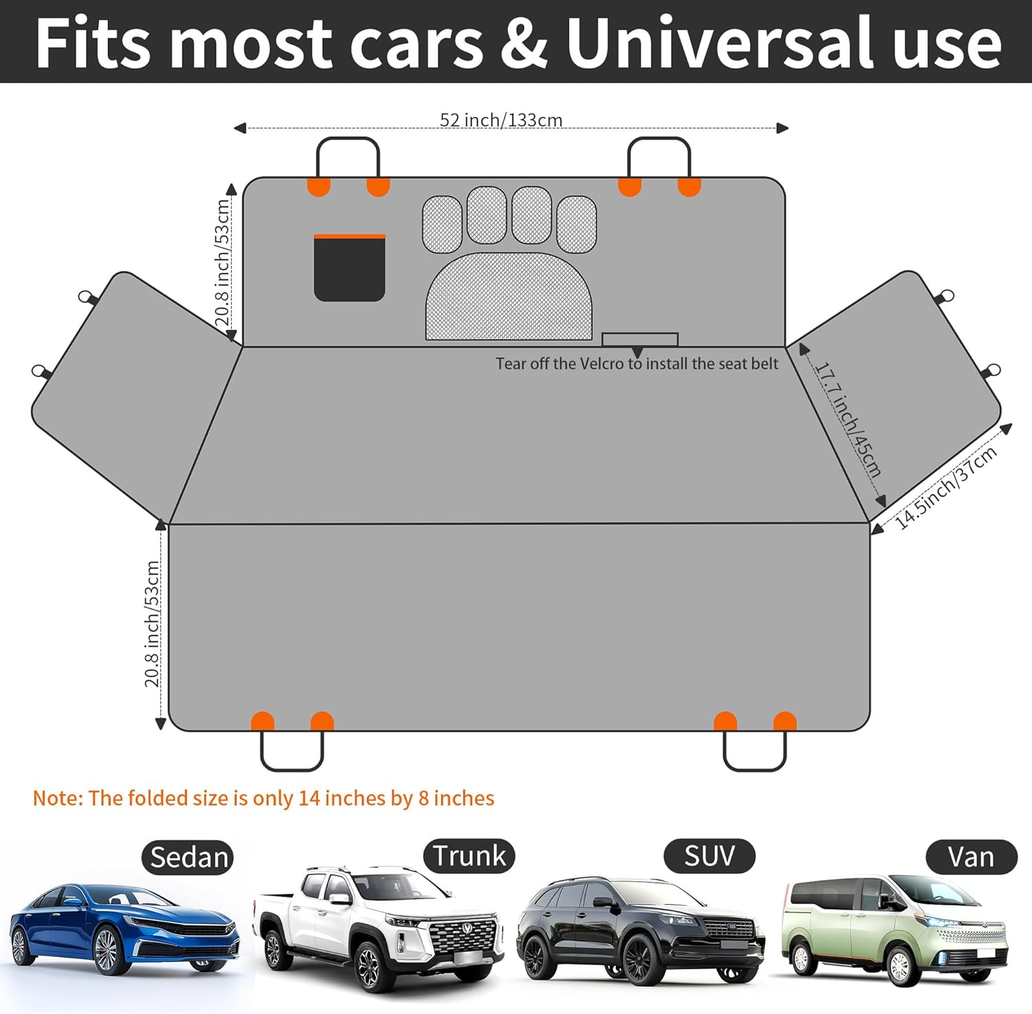 Zoramey Dog Car Seat Cover for Pets, 100% Waterproof 600D Heavy Durable Dog Car Seat Hammock Scratch Proof Nonslip with Seatbelt and Side Flaps for SUV, Truck, Sedan (Black) - Orange image number 6