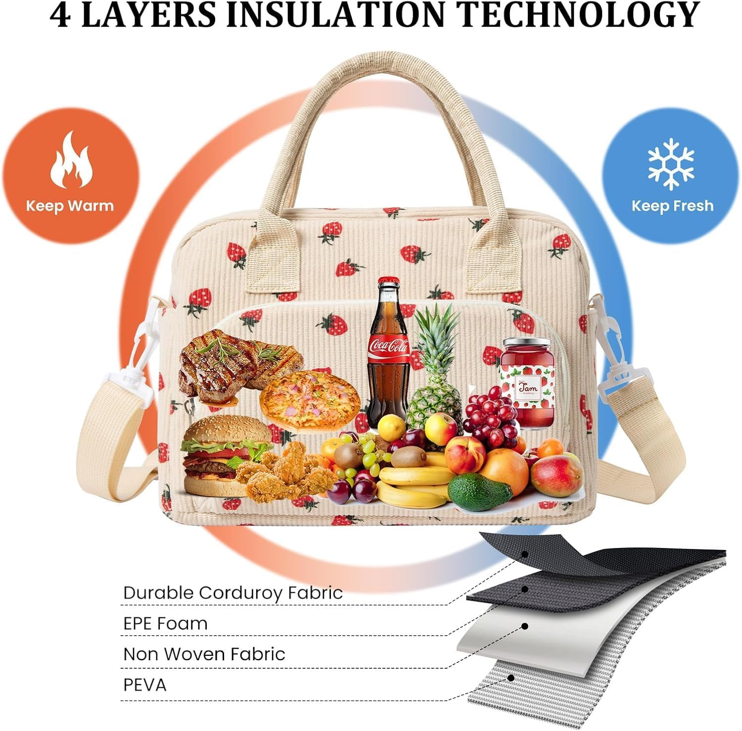 Insulated Lunch Bag for Women with Strawberry Print, Large Reusable Lunch Box Tote with Adjustable Shoulder Strap, Leakproof & Thermal, Work or Picnic Bag image number 1