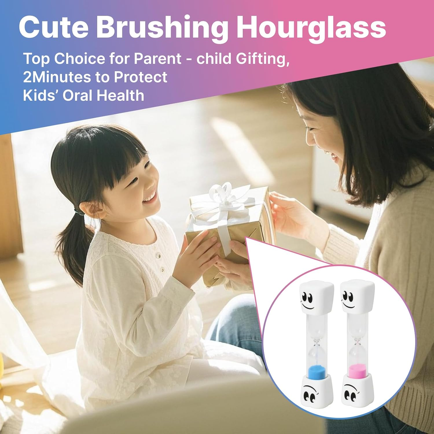 Pack of 2 Colorful 2 Minute Toothbrush Sand Timer Set for Kids, Blue and Pink Smiling Face Hourglass Timers for Dental Hygiene and Time Management, Promotes Dental Hygiene and Time Management image number 4