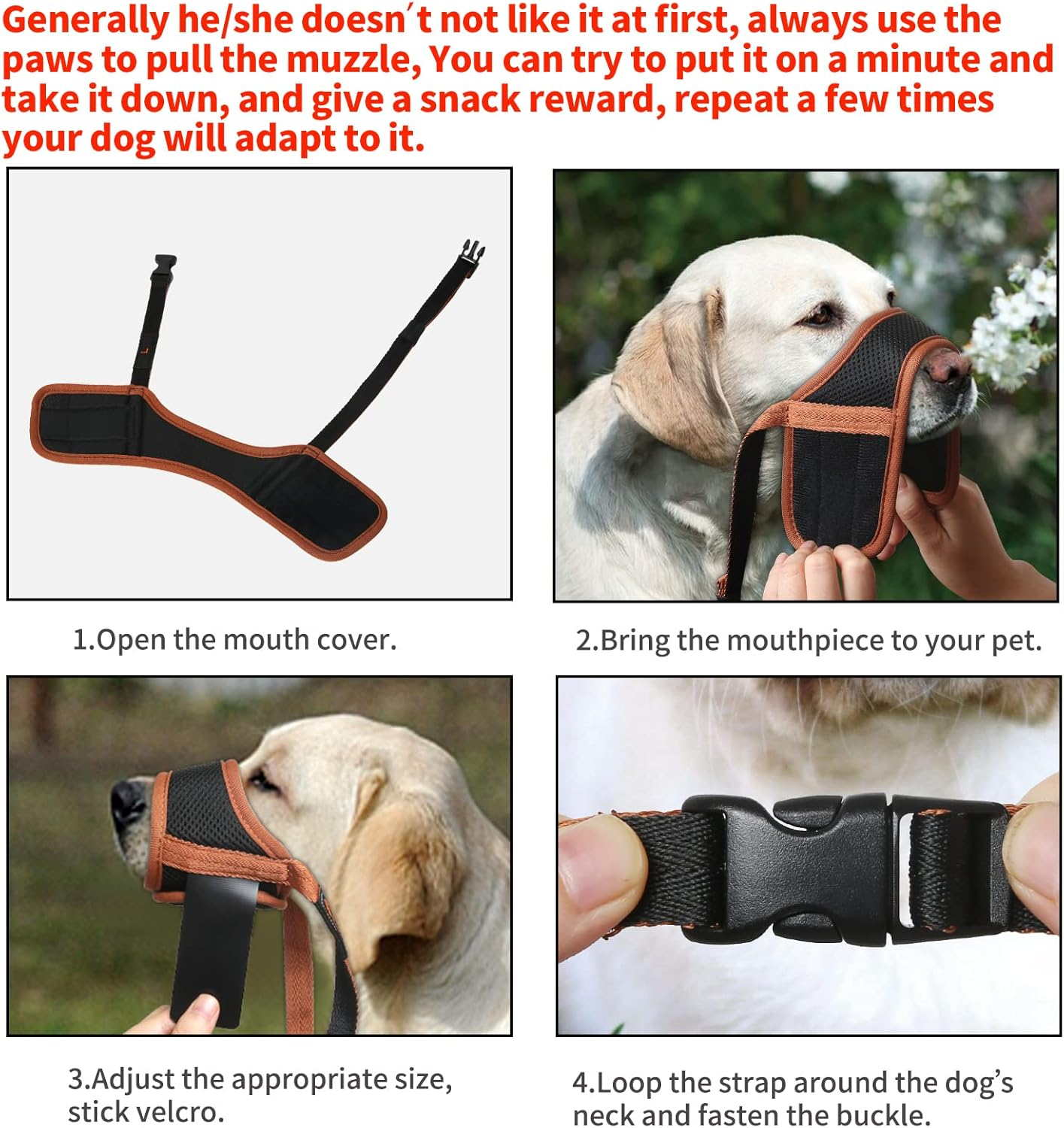 HEELE Dog Muzzle Dog Muzzles Breathable Mesh and Durable Nylon Dog Muzzle with Adjustable Loop and Soft Padding Dog Training Muzzle Prevent for Barking Biting and Chewing, Brown, L image number 4