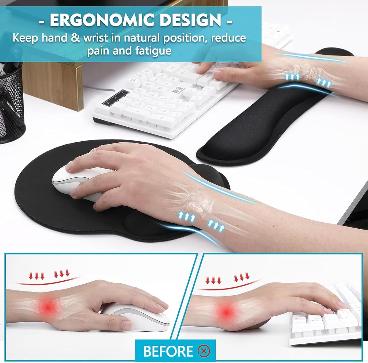 Wrist Rests for Keyboard and Mouse Pad Set，Ergonomic Memory Foam Wrist Arm Rest Support for Computer Keyboard/Gaming, Allowing You to Type Easily and Relieve Pain image number 1