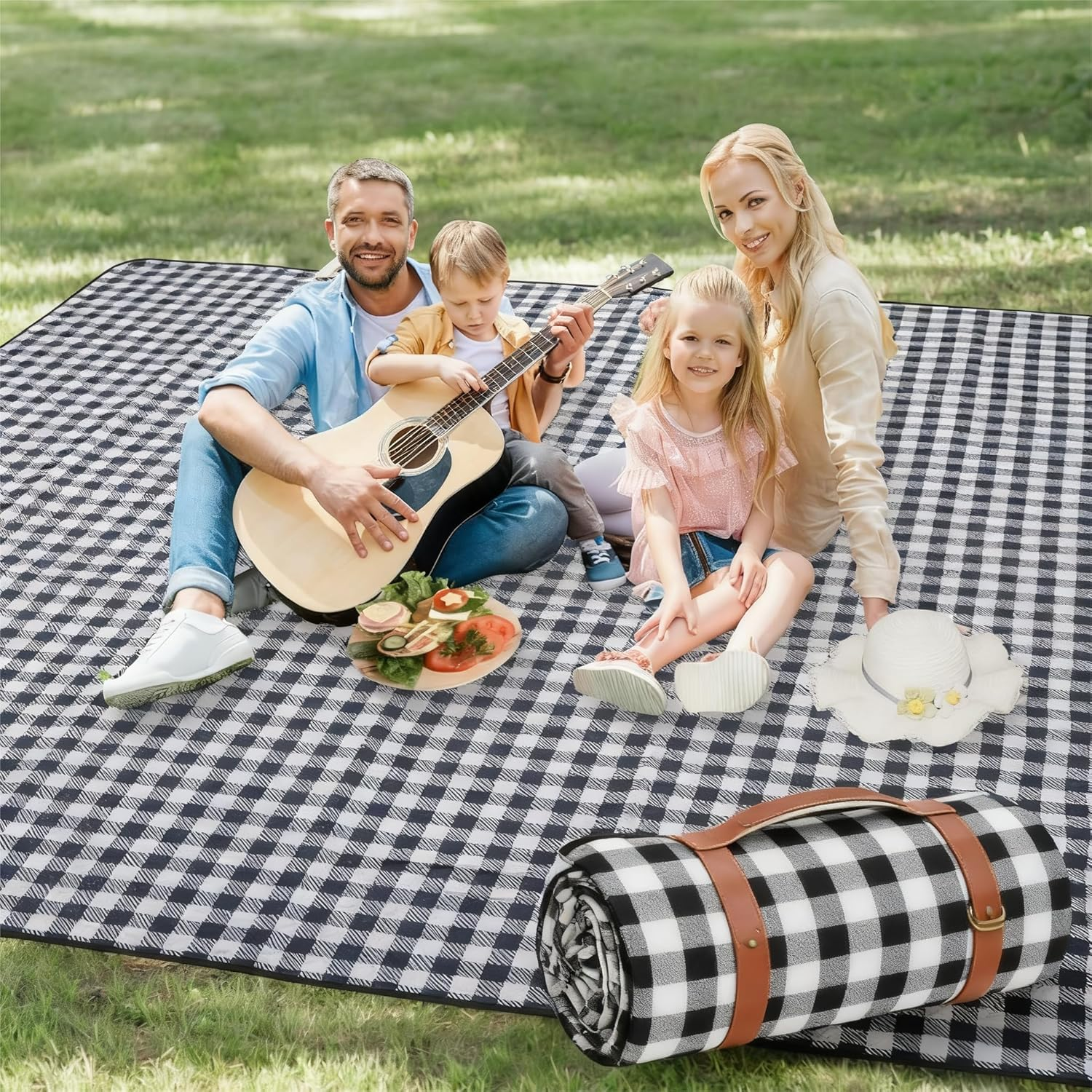 Waterproof Picnic Blanket Portable with Carry Strap, 200X200Cm Extra Large Foldable Compact Beach Blanket for Spring Summer Camping, Park, Travel Grass image number 5