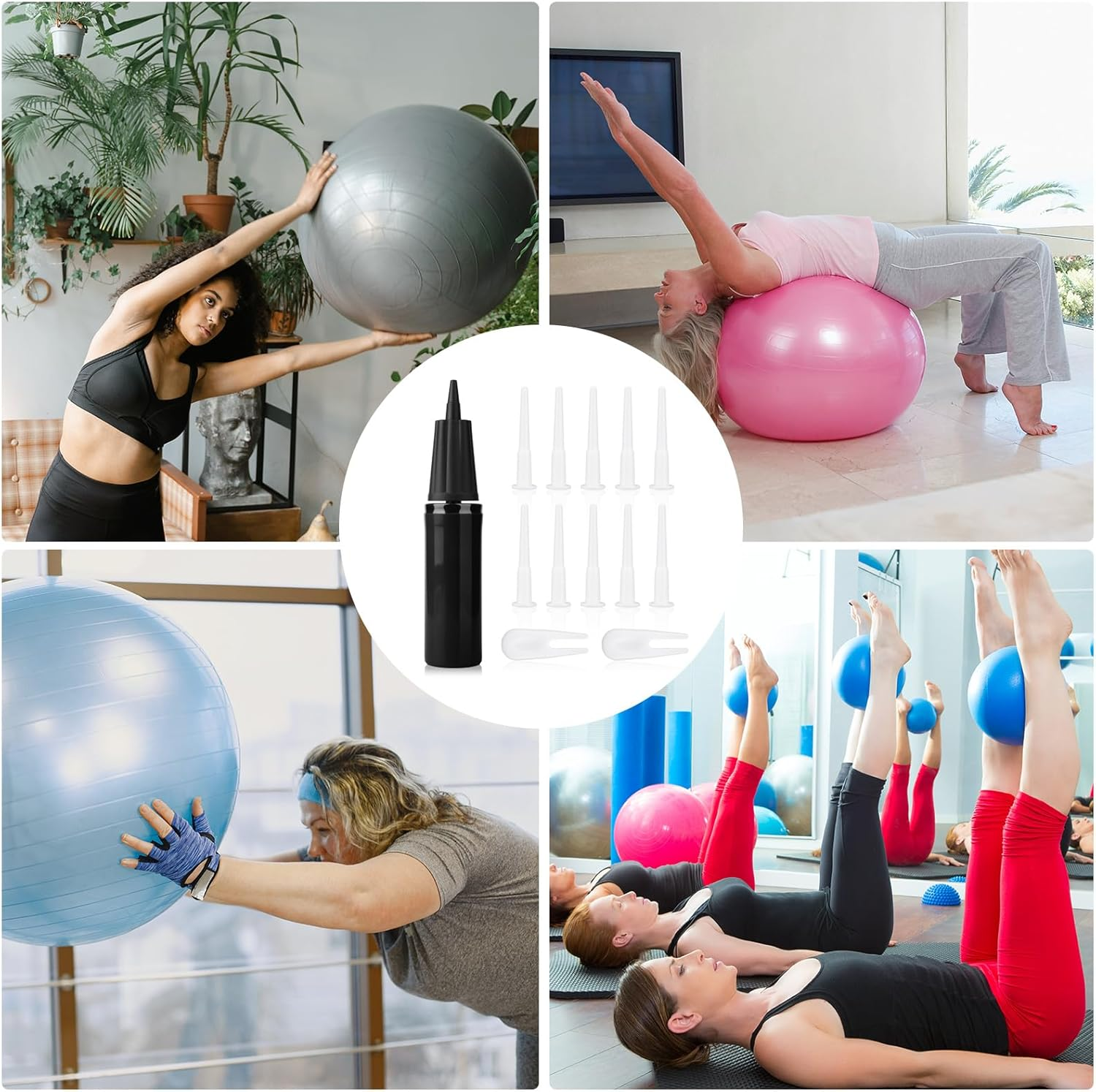 Exercise Ball Pump Kits, Hand Air Pump for Inflatables Ball with 10Pcs Long Plugs & 2Pcs Plug Pullers Yoga Ball Pump