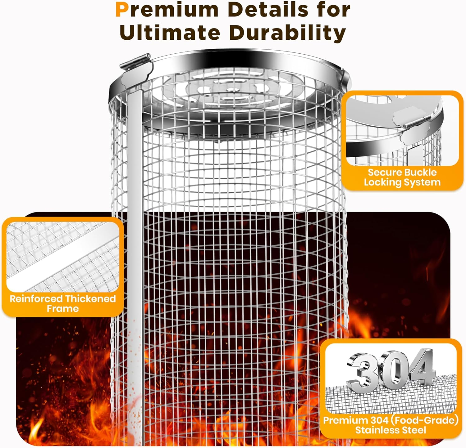 2PCS Rolling Grill Baskets with Removable Wooden Handle, 304 Stainless Steel, Nesting Grilling Net, BBQ Accessories Tools for Vegetables Shrimp, Outdoor Grilling Cookware image number 1