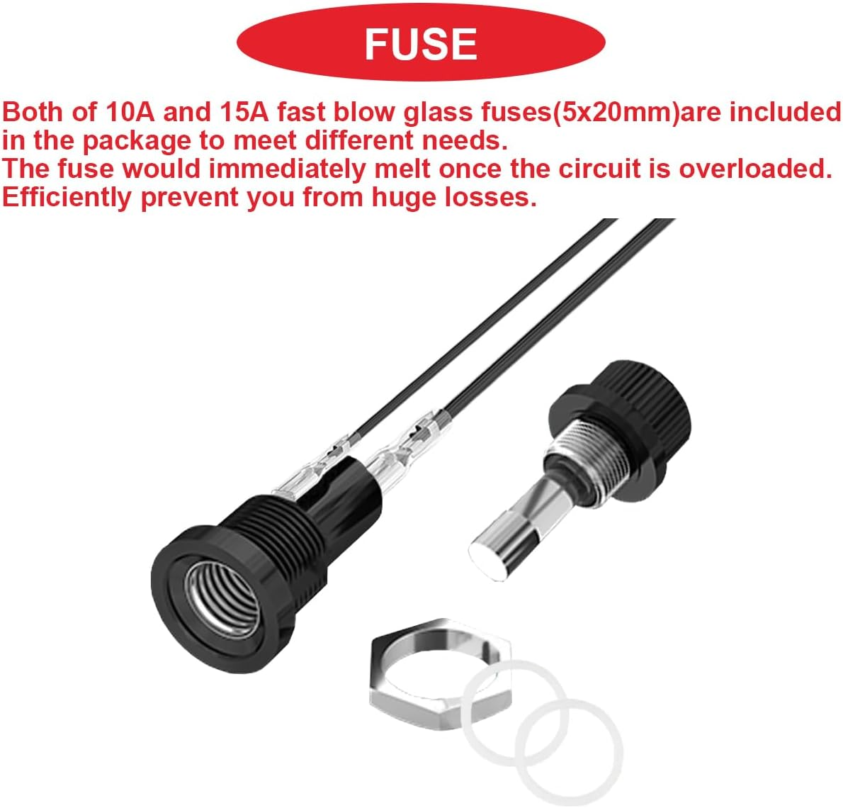 8Pcs Panel Mount Fuse Holder DC 12V AV250V Screw Cap Fuse Holder 5X20Mm with Pre-Soldering Wire and Fast Blow Glass Tube Fuse 10A X 8, 15A X 8 image number 5