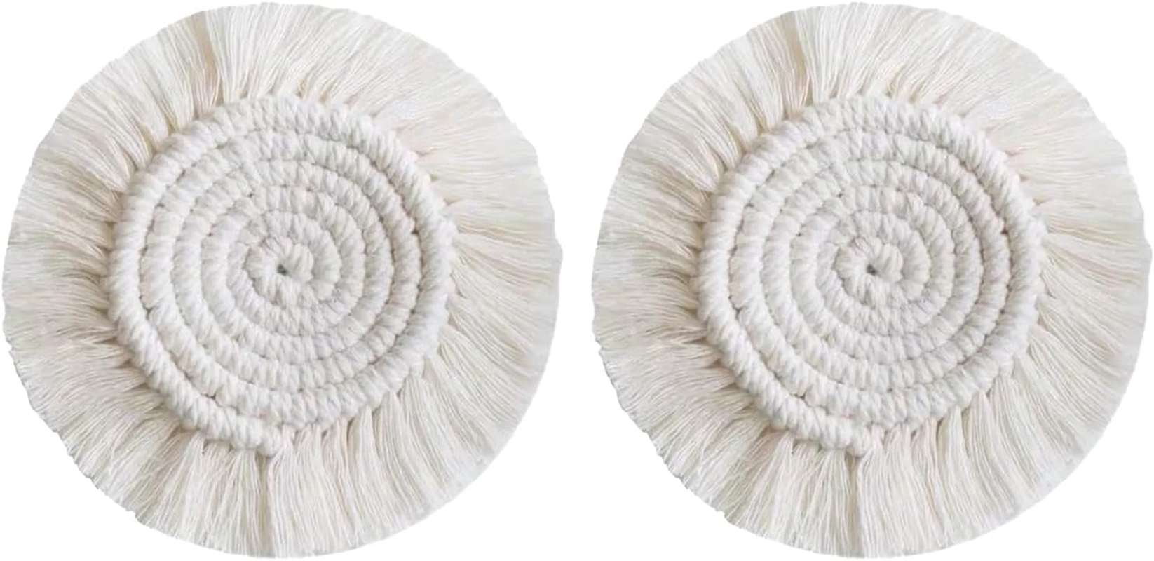 CENZICOM Boho Woven Macrame Coasters, Absorbent Drink Coasters for Desk, Set of 2, Farmhouse Home Decor (Khaki-Whitex2)