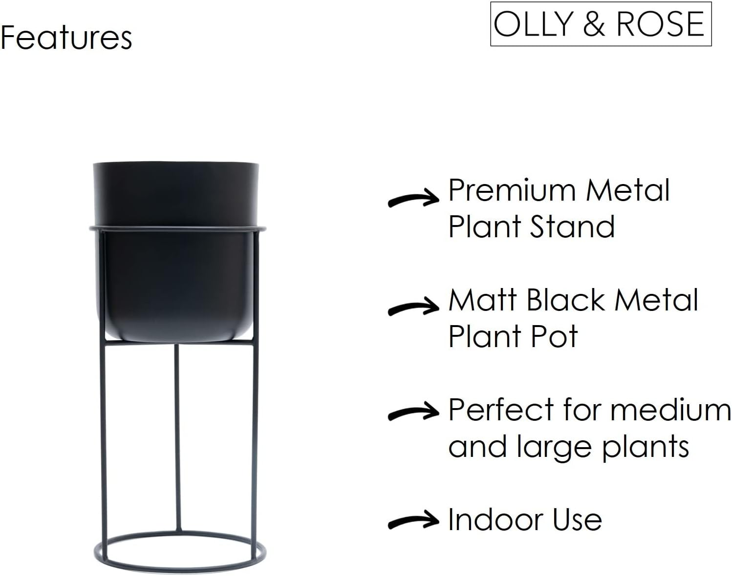 Olly & Rose Matt Black Metal Plant Pot with Black Plant Stand - Tall 50Cm Large Plant Pot Indoors with Stand - Large Decorative Planter image number 6