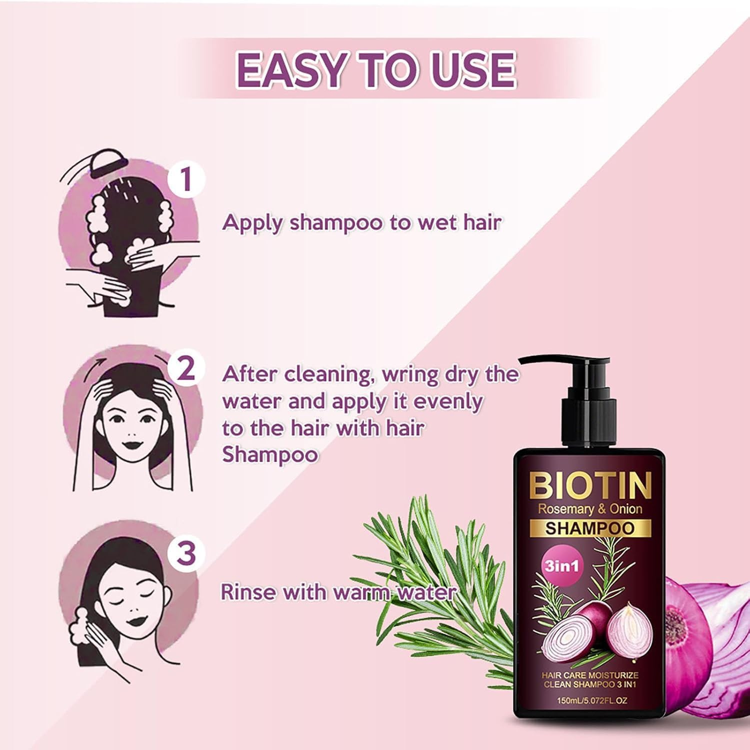 Onion & Rosemary Shampoo for Hair Growth, 3-In-1 Biotin Rosemary and Onion Shampoo for Hair Loss and Thinning Hair, Hair Care Moisturize Clean for All Hair Type (150Ml) image number 1