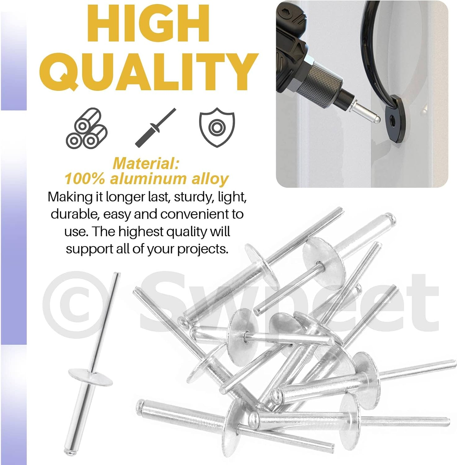 Swpeet 240Pcs 3/16" X 3/8" / 1/2" / 5/8"/ 3/4"/ 1" Large Flange Aluminum Blind Rivets Kit, Silver Pop Rivets Open End Type Pop Rivet for Indoor and Outdoor Use image number 2