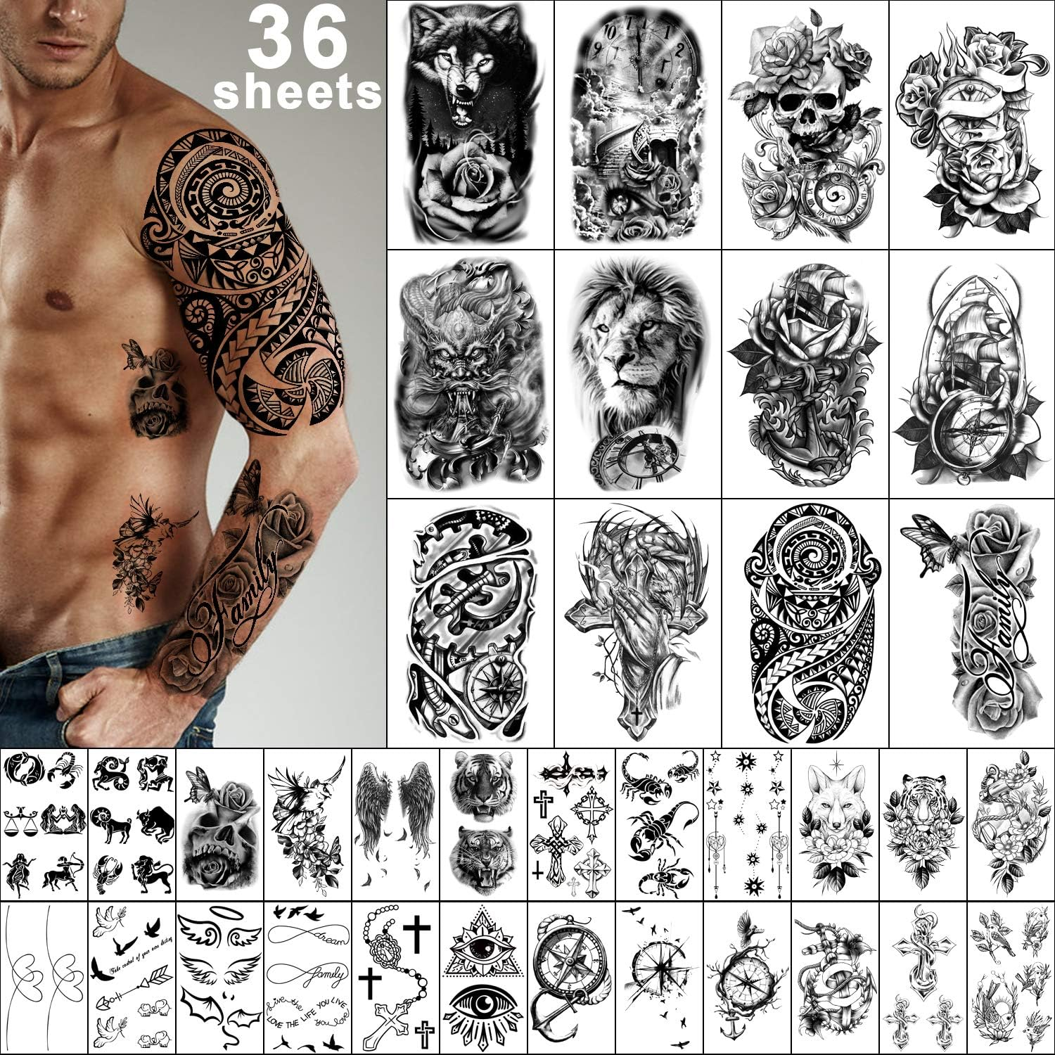 Yazhiji 36 Sheets Temporary Tattoos Stickers, 12 Sheets Fake Body Arm Chest Shoulder Tattoos for Men or Women with 24 Sheets Tiny Black Tattoos image number 4