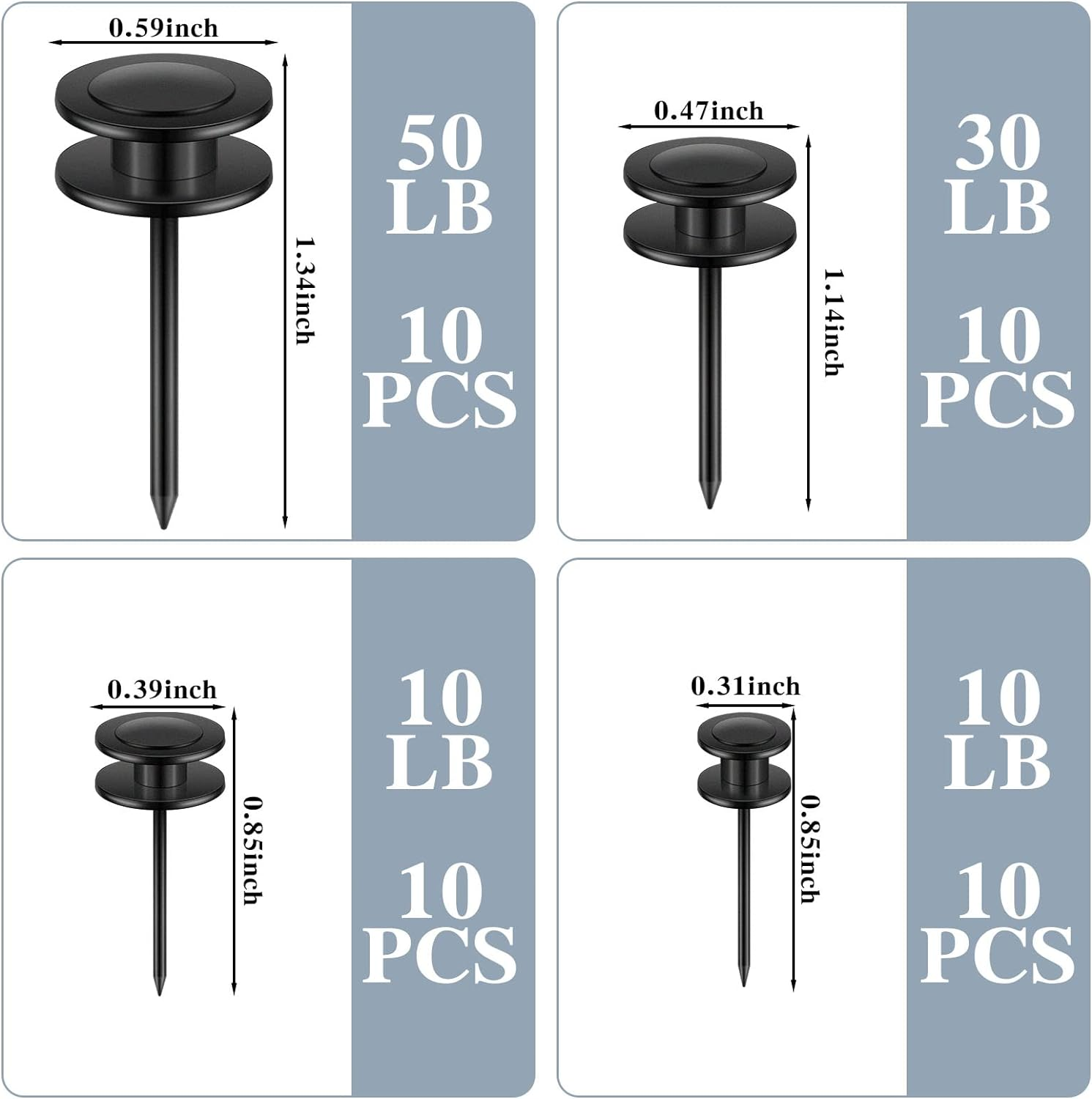 Ferraycle 40 Piece Double Headed Picture Hangers Nails 4 Size Long Thumb Tacks for Wall Hanging Decorative Nails Push Pins Picture Hooks for Drywall Photo Decor, 10/20/ 30/ 50Lb(Black) image number 6