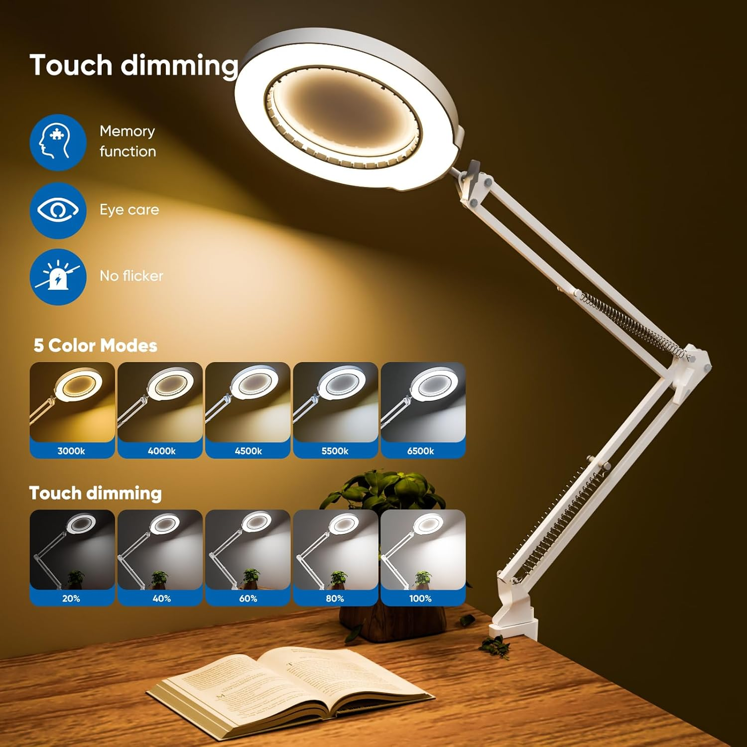 10X Magnifying Glass with Light and Clamp, Real Glass Lighted Magnifier with 5 Color Modes & Stepless Dimmable, Hands Free Desk Lamp for Hobbies, Crafts, Reading and Close Work (White)
