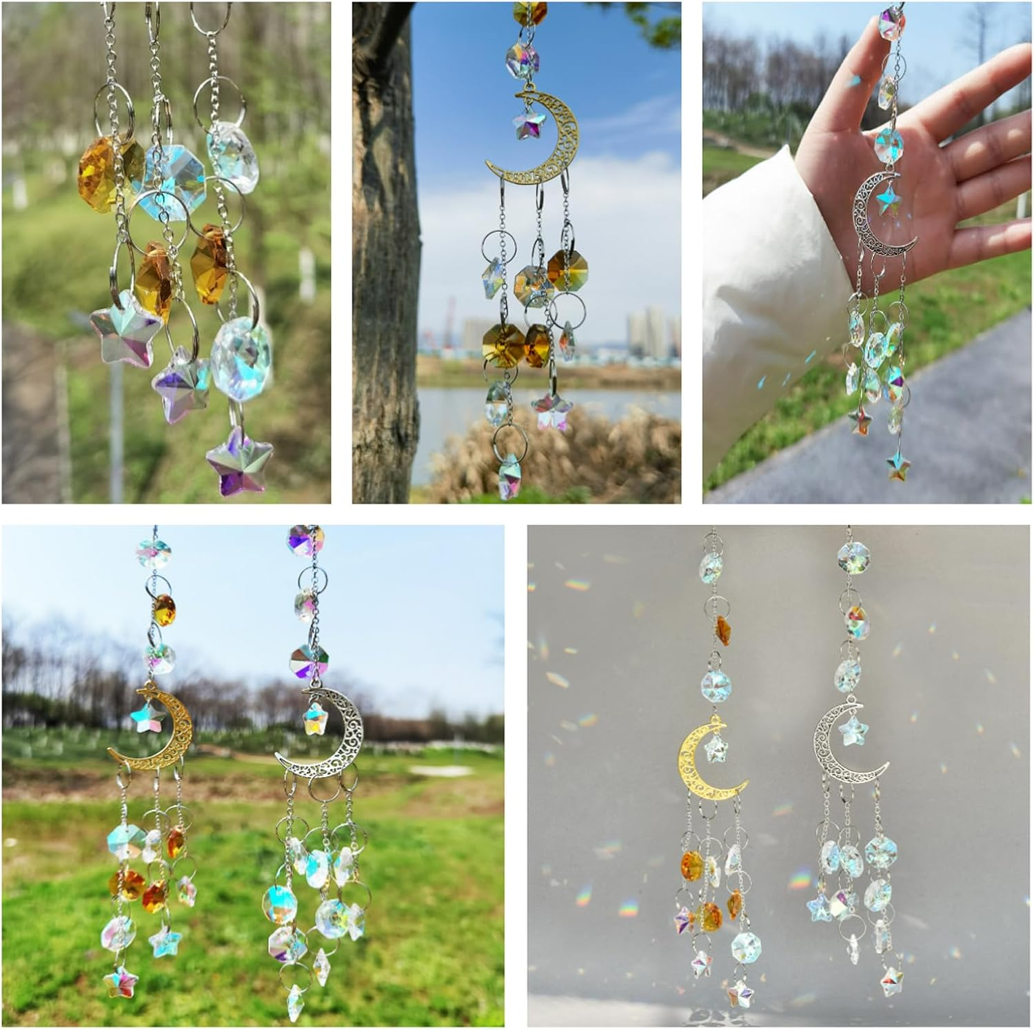 2Pcs Hanging Crystal Sun Catcher, Moon Star Crystal Prism Chain Rainbow Sun Catcher, Home Garden Windows Car Indoor Outdoor, Wedding Decoration (Gold + Silver) image number 6