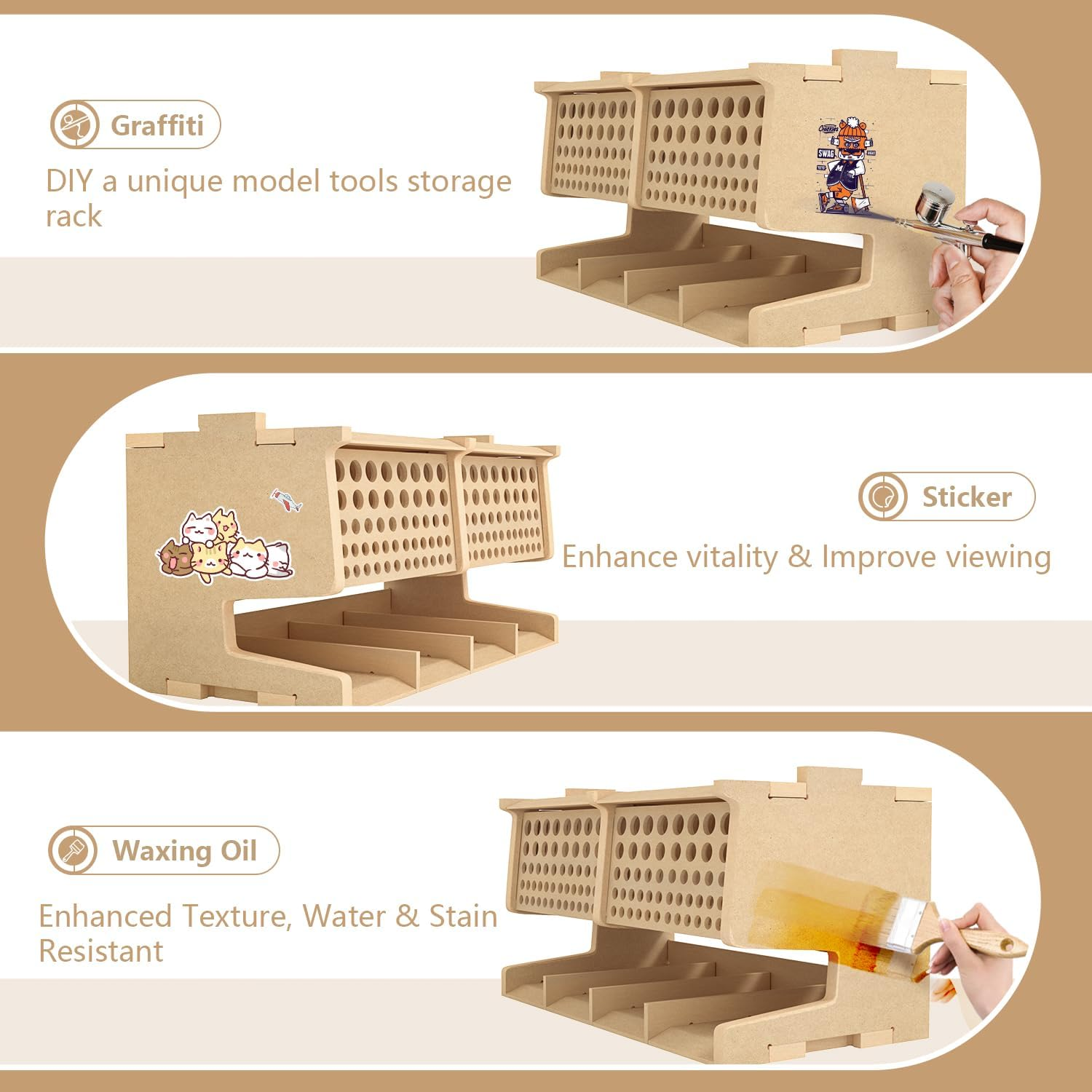 Bucasso Wooden Model Kit Tool Storage Rack with 60 Holes, Brush/Paint Organizer with MDF Material, Craft Supplies Storage, Brush/Tool Holder, Suitable for Tamiya/Gundam Tools, GK6 image number 1