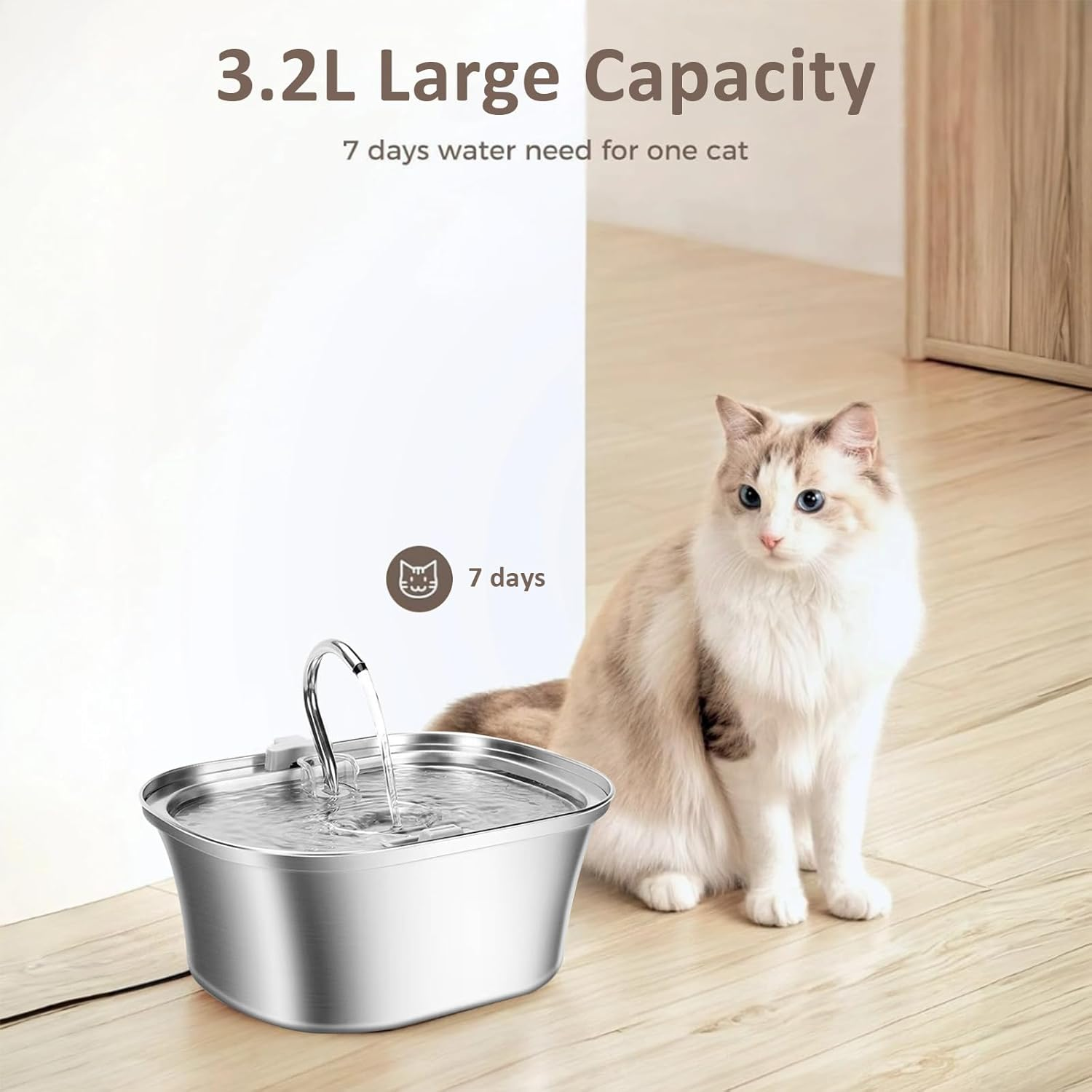 Cat Water Fountain, 3.2L Stainless Steel, Automatic Cat Water Dispenser Bowl - Watering Supplies image number 2