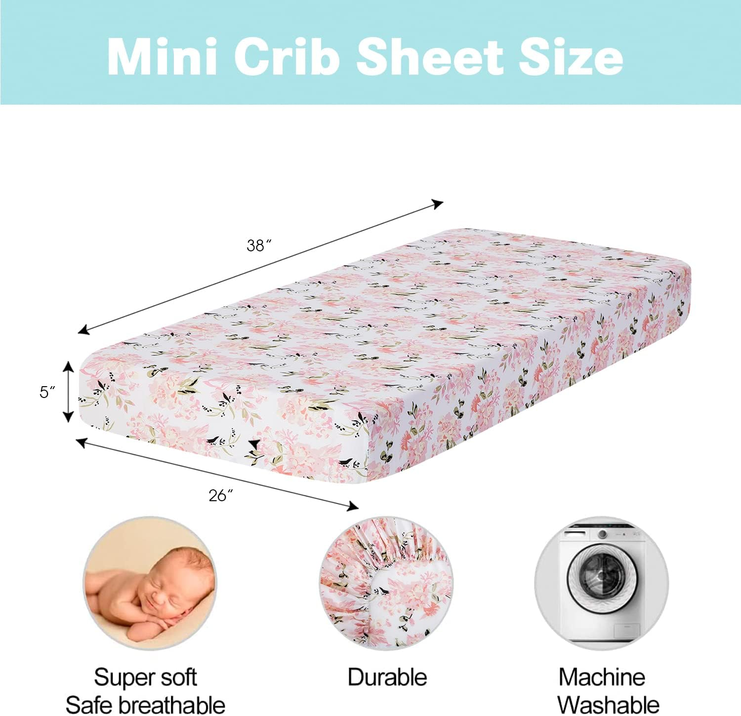 Little Grape Land Baby Pack and Play Sheets Fitted(38" X 26"), 4-Pack Mini Cot Sheets Set for Baby Girls Boys,Breathable & Soft Microfiber，Organic Fitted Cot Sheet for Pack and Play Mattress(Flower) image number 4