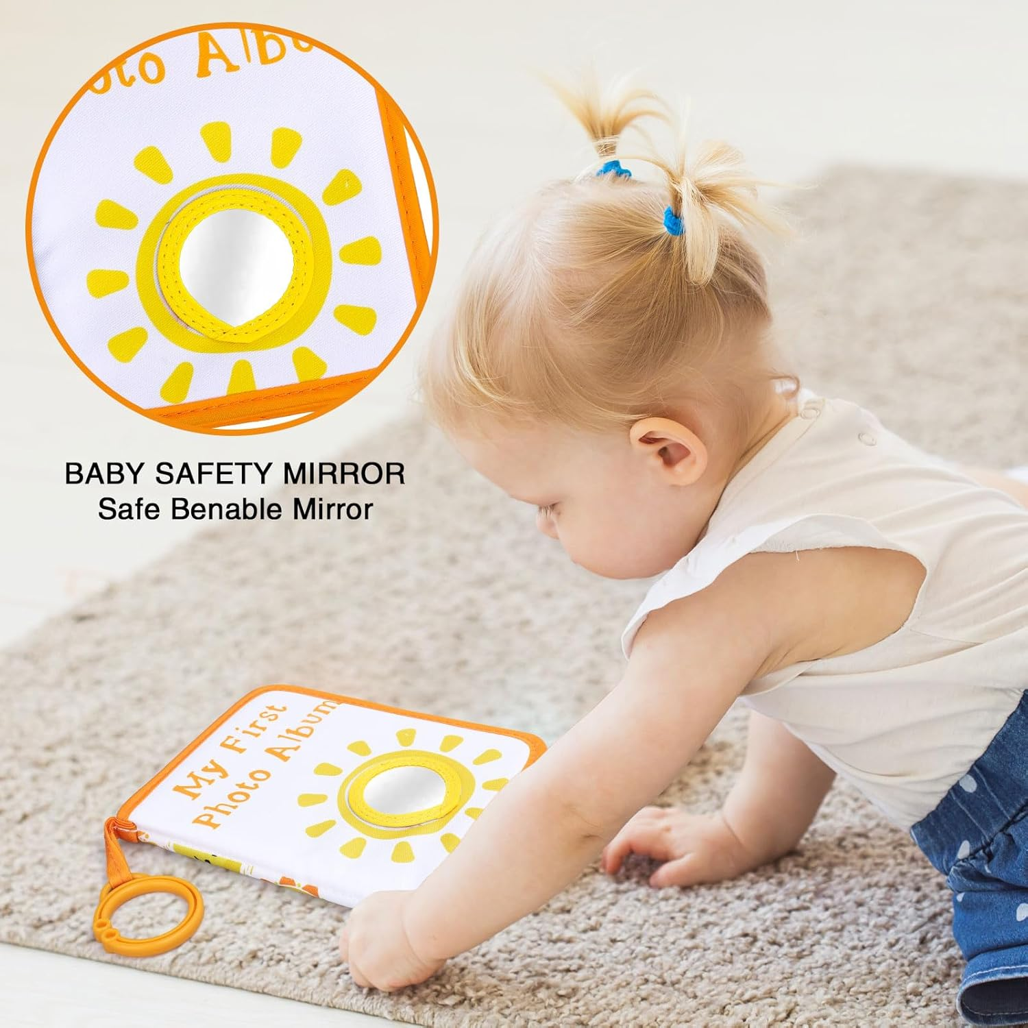 Sun Baby' S My First Family Album Cute Cartoon Sun Photo Album Holds 4X6" Pictures Soft Photo Cloth Book with Safety Mirror for Newborn Baby Shower Toddler Kid image number 3