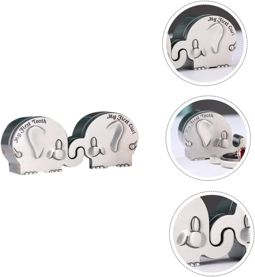 Elephant First Tooth and First Curl Keepsake Box for Newborns, Small Metal Baby Hair and Tooth Storage Holder, Silver Color, Newborn Memory image number 2