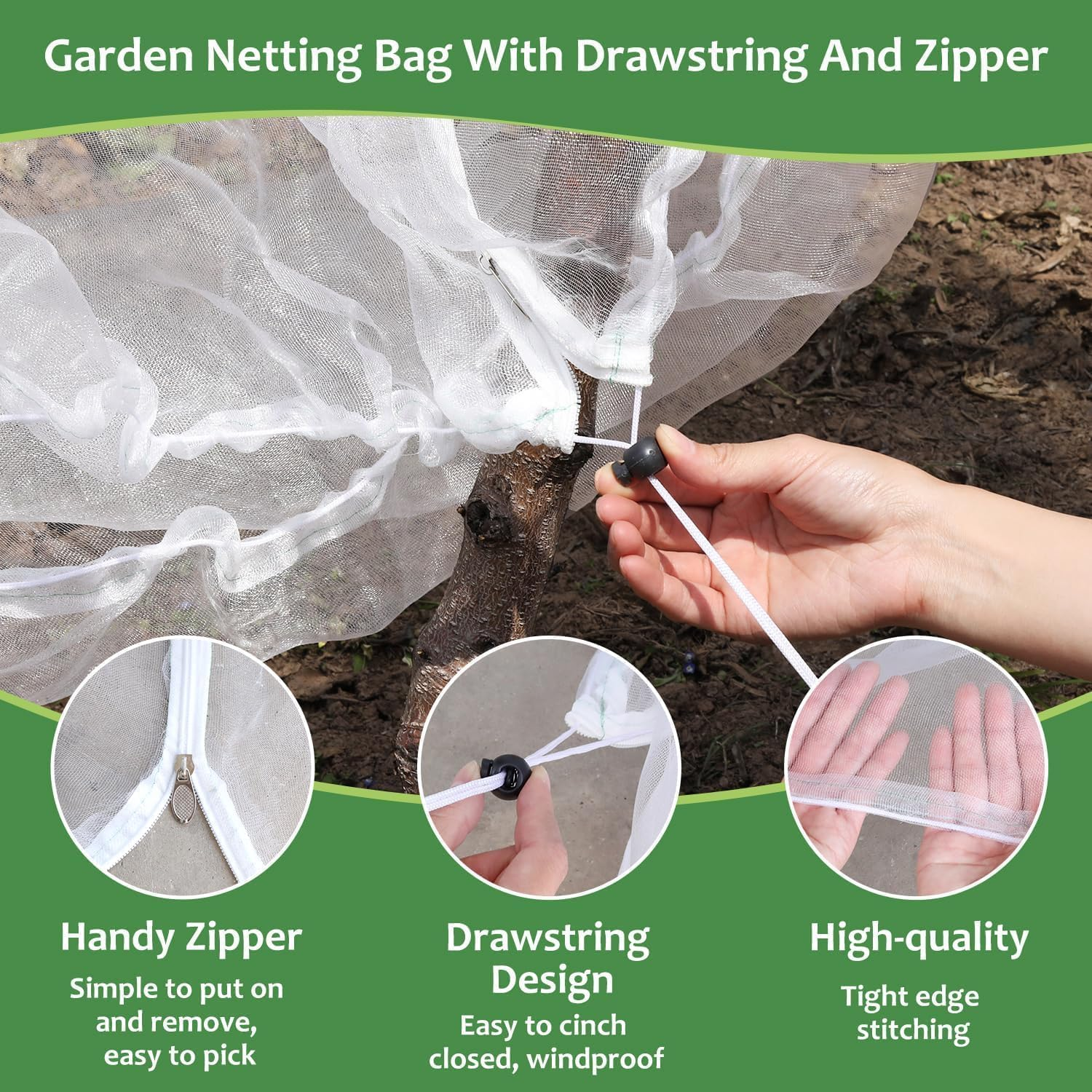 2Pack Large Fruit Tree Netting with Drawstring & Zipper, 10X10Ft Garden Protection Net - Reusable Anti-Bird Insect Netting for Fruit Trees, Plants, and Berry Bushes (2PCS (10 * 10FT)) image number 6