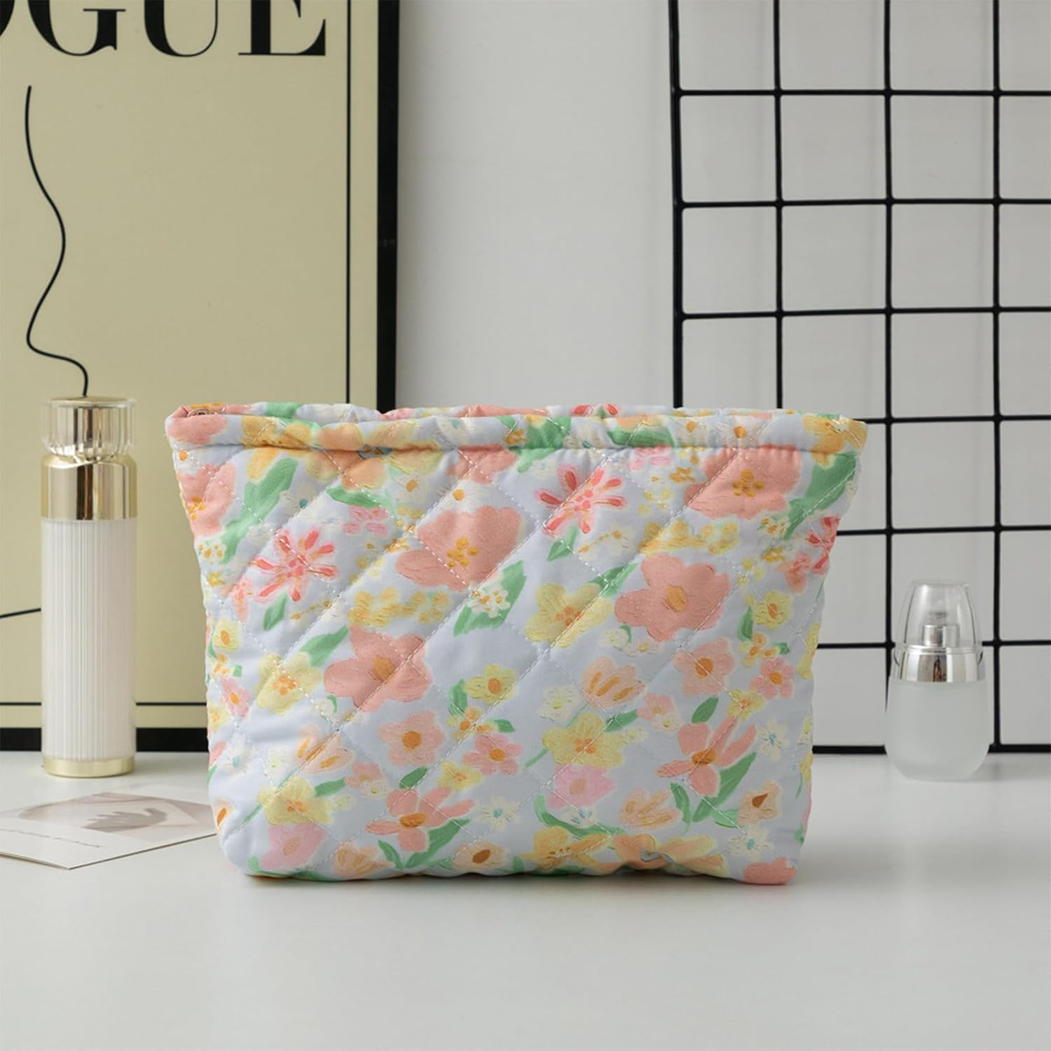 Quilted Makeup Bag, Cute Floral Cosmetic Bag for Women, Cotton Make up Bag, Flower Travel Toiletry Bag Organizer Large image number 1