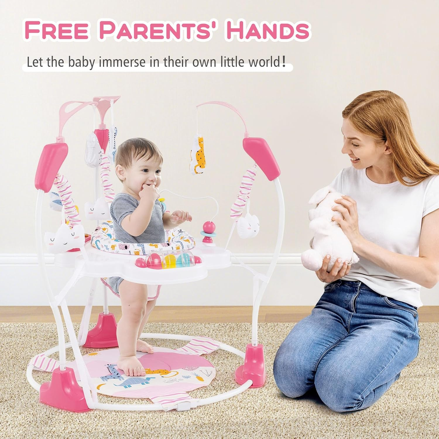 INFANS Baby Activity Center, 3 in 1 Play Center Jumpers with Music, Lights, Interactive Toys, 360&deg;Rotating Seat, 3 Adjustable Heights, Exersaucer Learning Toys for Baby 6-12 Months (Pink) image number 6