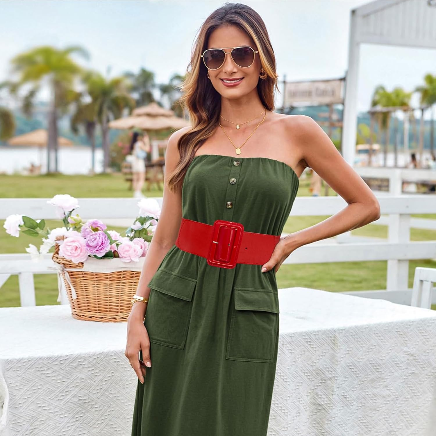 LJCZKA Women Wide Stretchy Belt Adjustable Vintage Elastic Waist Belt for Dresses with Square Buckle - Red image number 5