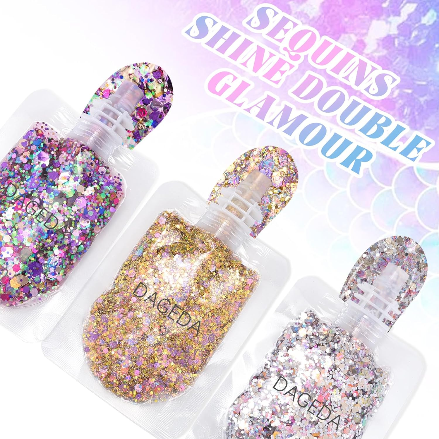 DAGEDA Mermaid Body Glitter Gel,Sparkly Face Hair Eye Glitter Makeup,Quick-Drying Body Shimmer Holographic Sequins, Singer Concert, Festival Rave Makeup Accessories image number 3