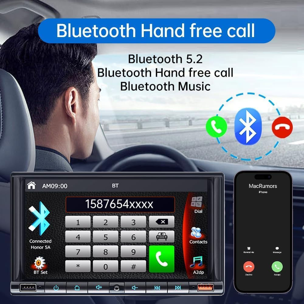 7" Wireless Double 2 Din Car Stereo Apple Carplay Radio Screen for Car Audio Receivers, Bluetooth Car Play Android Auto Touchscreen Head Unit,Rca Outputs, Backup Camera, SWC, FM/AM image number 5