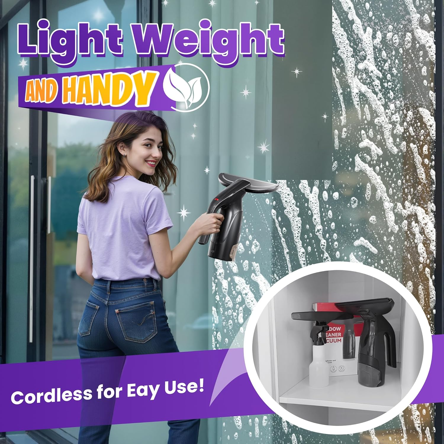 HEY BANK Cordless Window Cleaner Vacuum - Electric Glass Window Vac Squeegee Tool Set, Power Spray Cleaning Machine with Spray Applicator & Microfibre Cloth for Mirrors, Showers,Tiles & Countertops image number 5