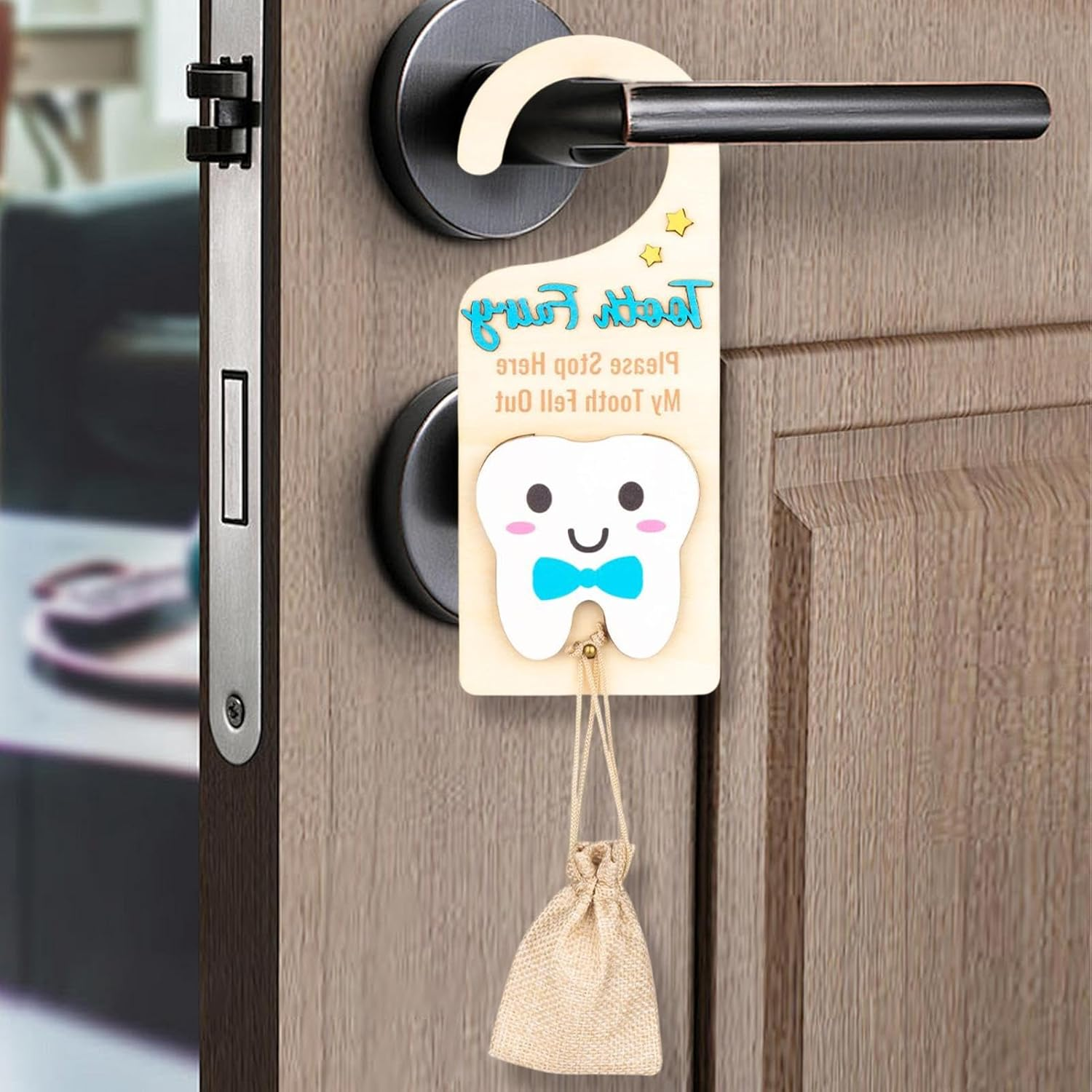 Tooth Fairy Hanger - Tooth Fairy Pick up Box with Money Slot,Keepsake Box with Pouch, Cute Wooden Souvenir for Storage Home Collection Boys Girls image number 2