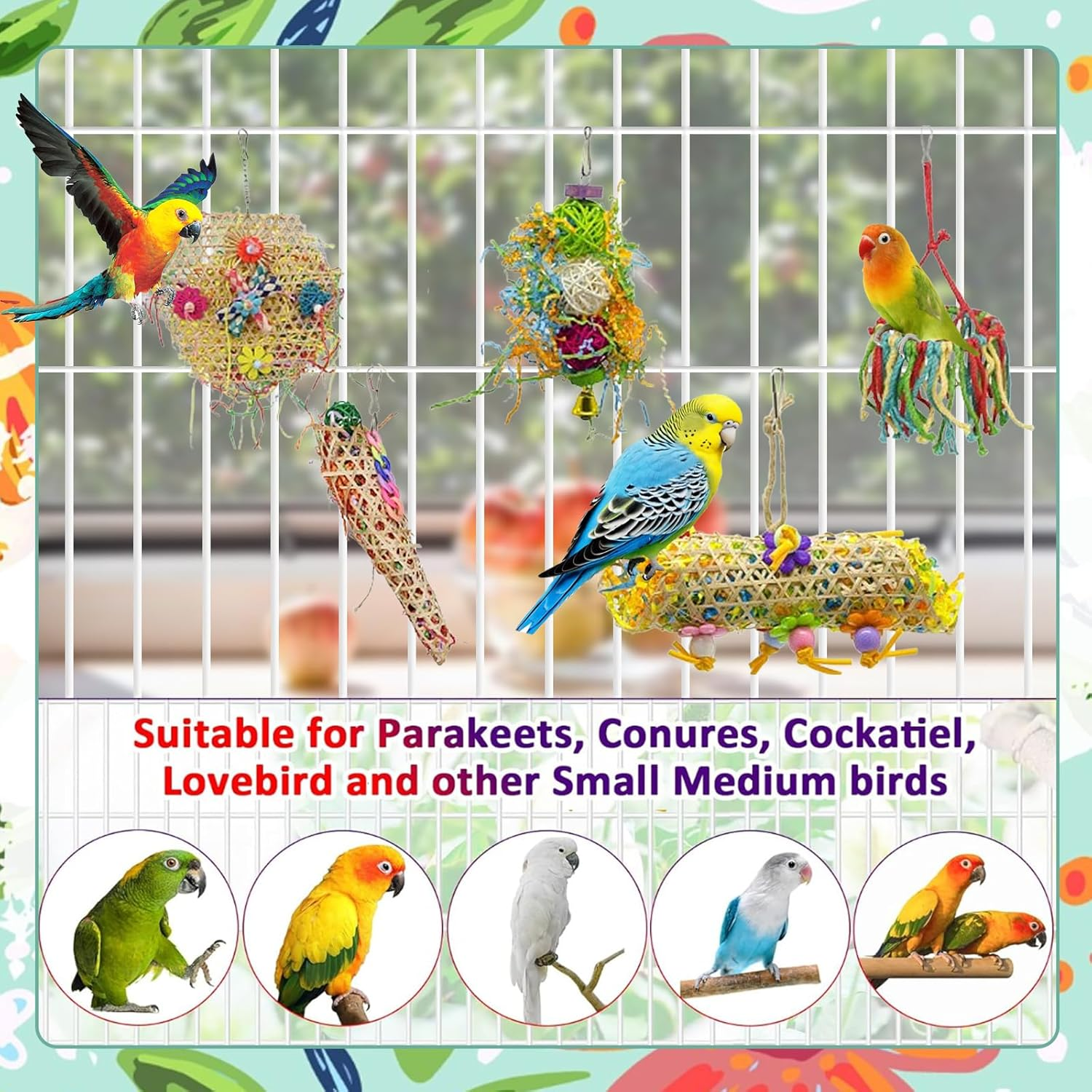 SUSOO 5 PCS Bird Chew Shredding Toys, Natural Foraging Toy with Rope Perch Swing, Interactive Hanging Funny Cage Accessories for Parrot, Parakeets, Budgies,Conures, Cockatiel,Lovebirds and Finches