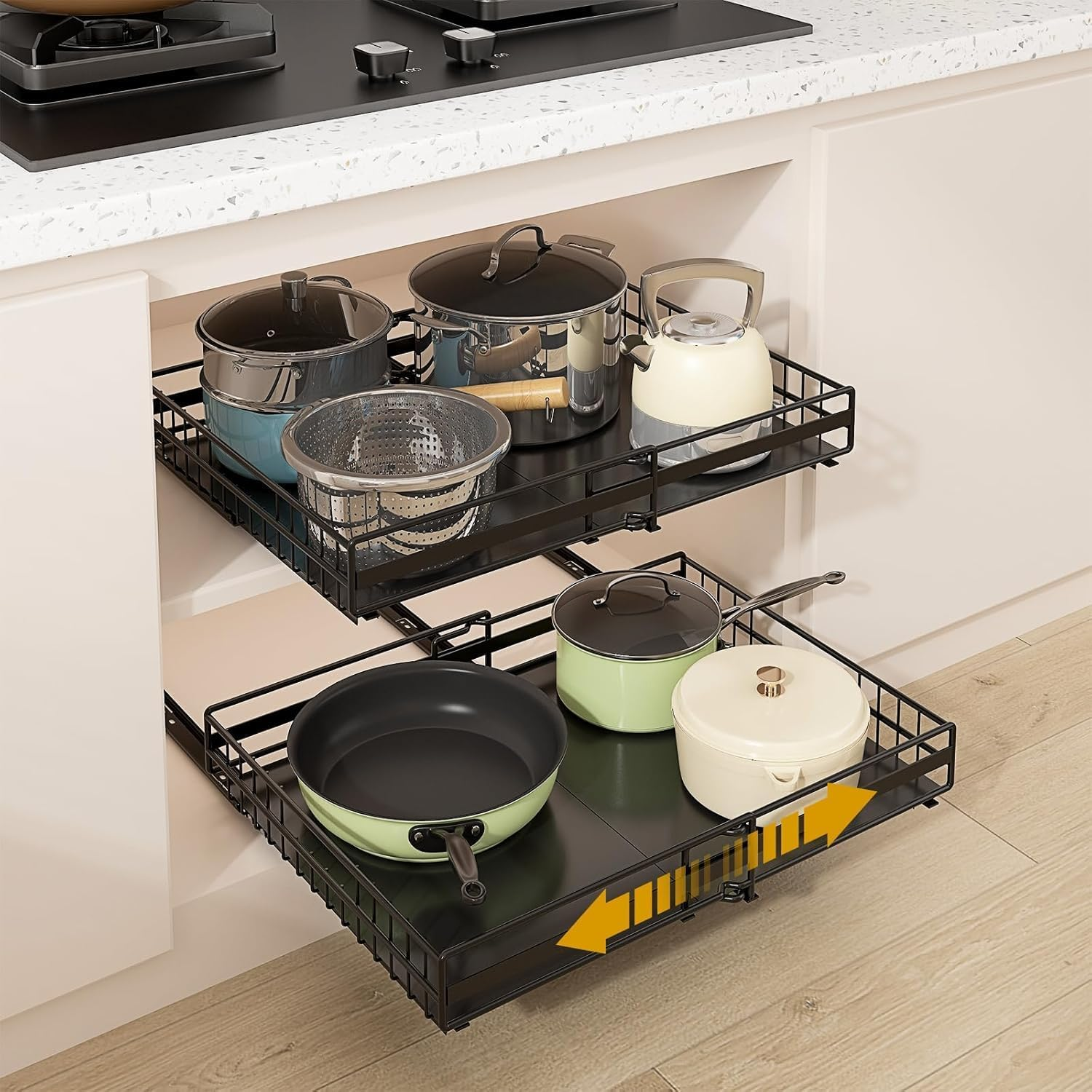 Pull Out Cabinet Organizer, 2 Pack, Expandable 30-51 Cm Slide Out Drawers, 3 Slide Rails, Black image number 3
