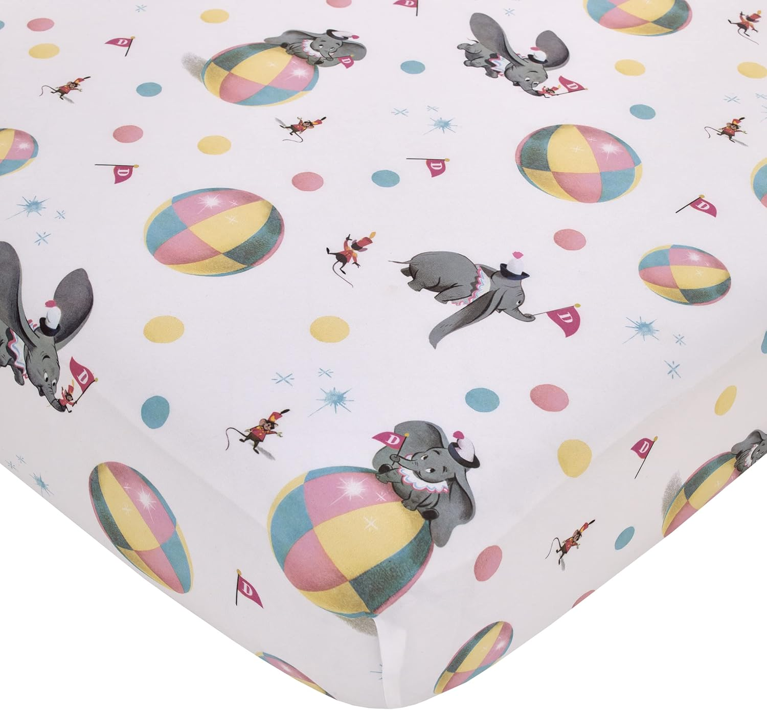 Disney Vintage Dumbo - Gray, White and Multi-Colored Circus Flags, Balls and Timothy Mouse Nursery Fitted Crib Sheet