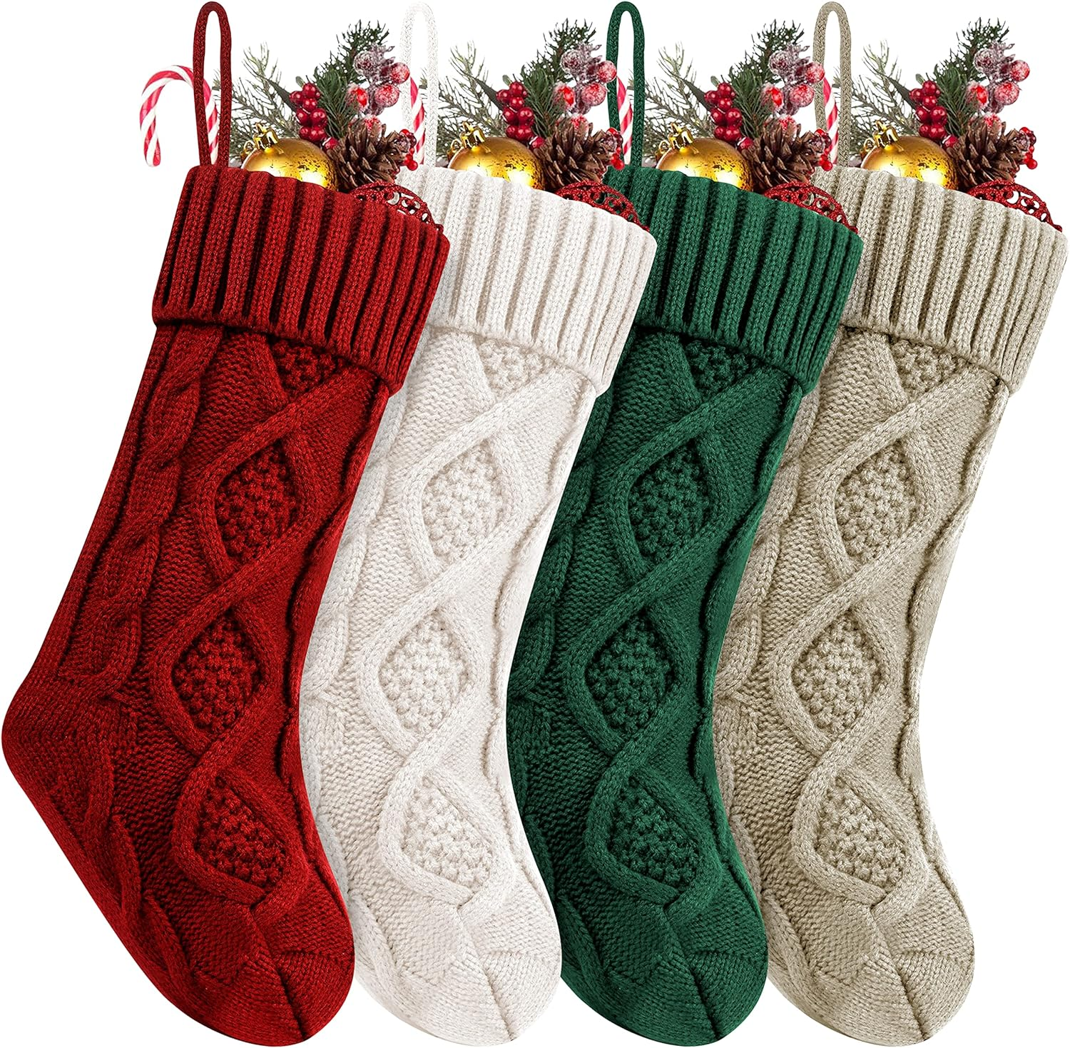 Fesciory 4 Pack Christmas Stockings 18 Inches Large Size Cable Knitted Stocking Gifts & Decorations for Family Holiday Xmas Party, Ivory White and Burgundy