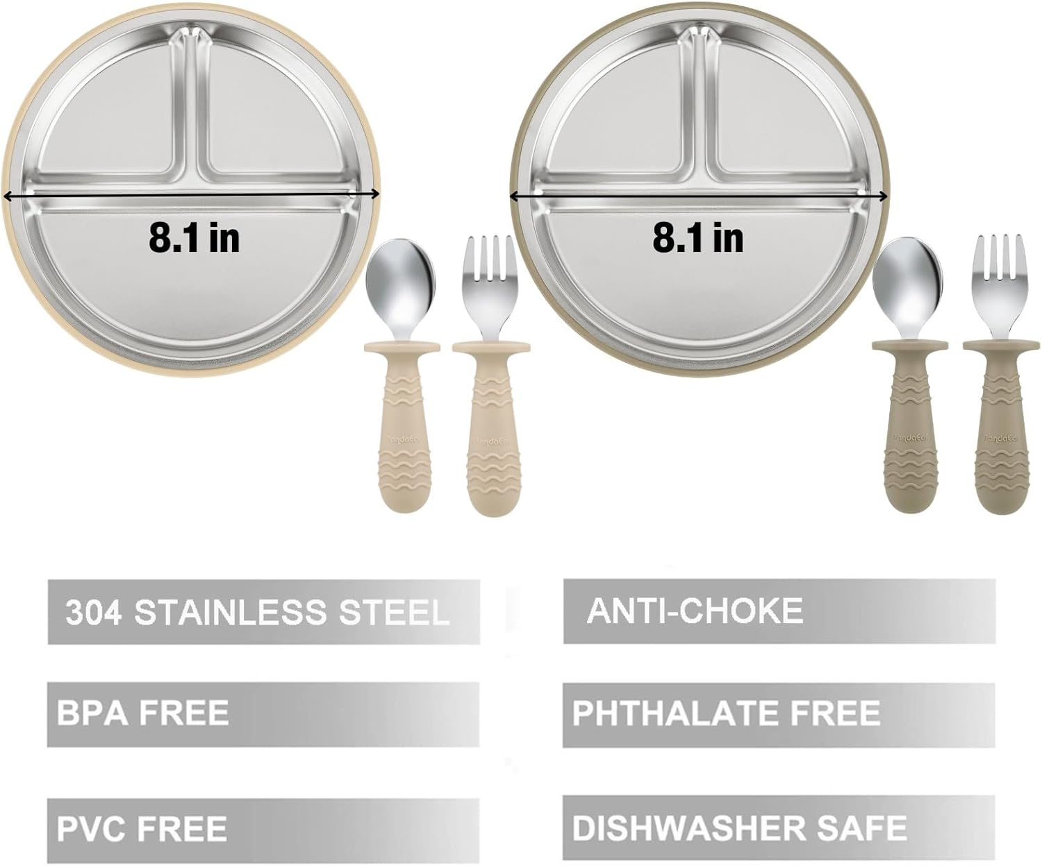 Pandaear 2 Pack Stainless Steel Baby Suction Plates & 2 Pack Spoons and Forks Set, Toddler Utensils Baby Feeding Set, Divided Plates for Baby Led Weaning Supplies, Bpa-Free image number 4
