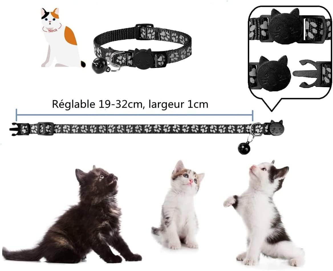 LATRAT Anti-Strand Adjustable Reflective Cat Collar with Bell and Safety Buckle, 19-32Cm, Black, Suitable for Most Cats at Home image number 6