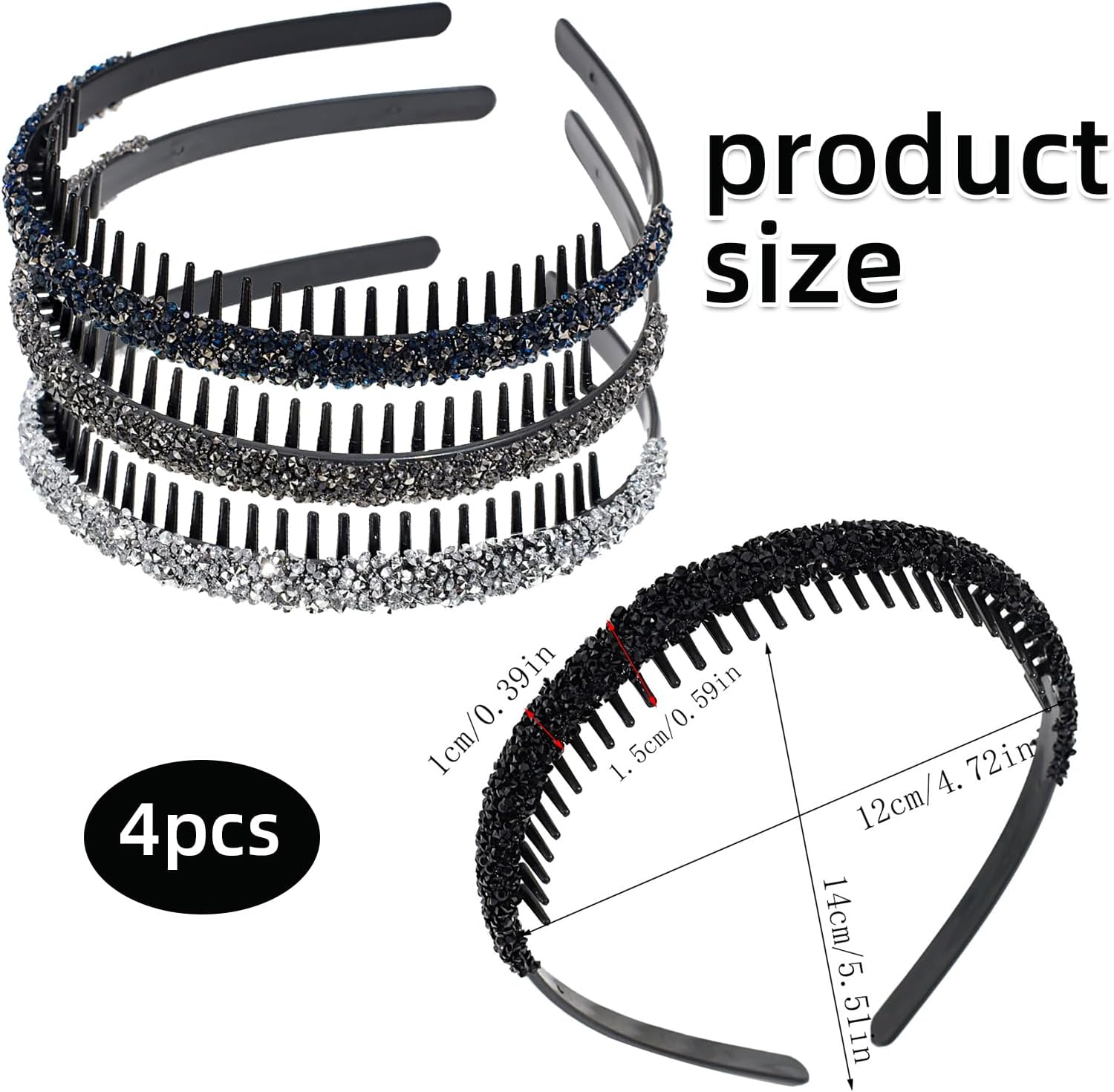 Black Silver Grey Dark Blue Rhinestone Headband for Women, with Teeth, Non-Slip Headband image number 6