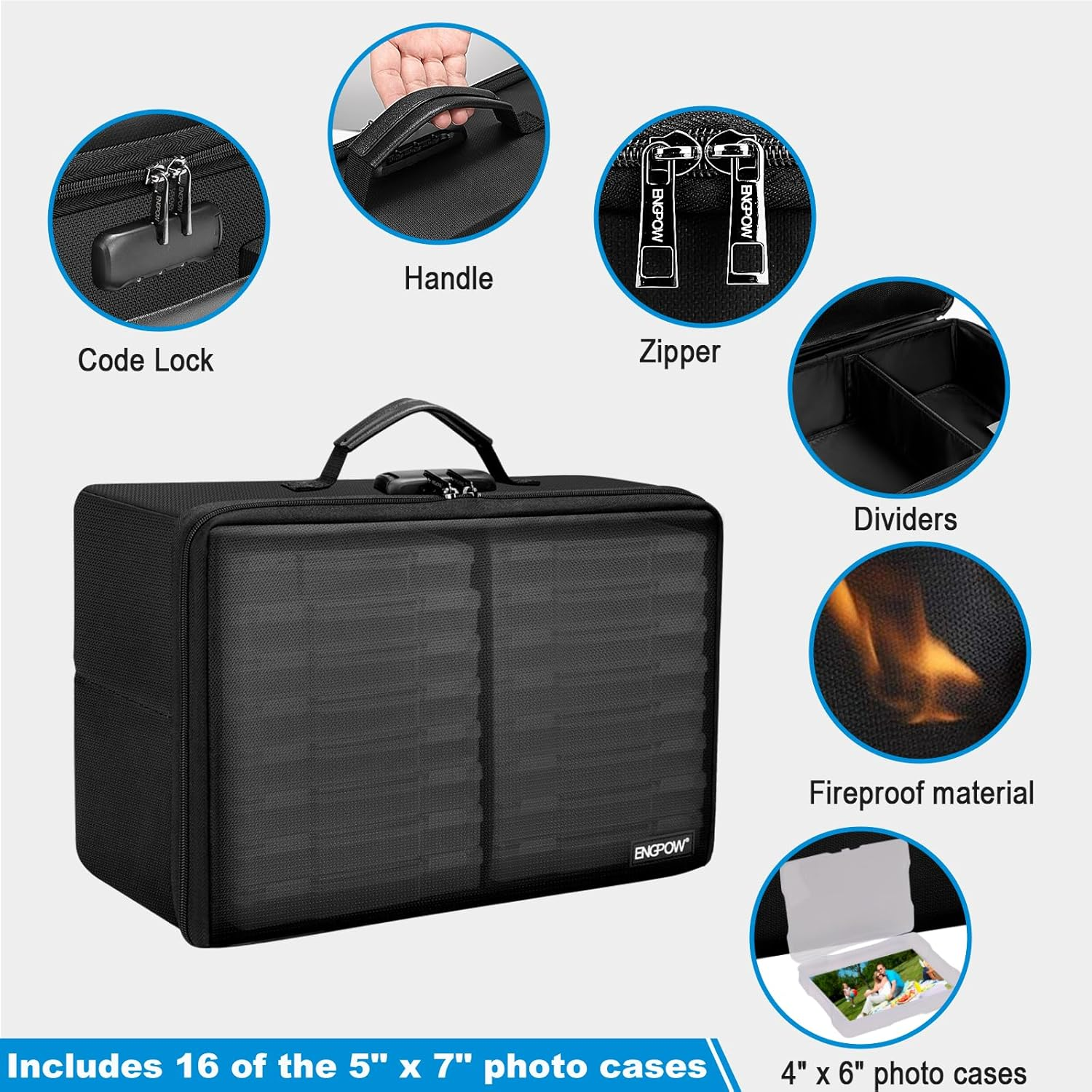ENGPOW Fireproof Photo Storage Box 5" X 7" Photo Case(Clear),16 Inner Photo Keeper Photo Box Organizer with Lock,Collapsible Portable Photo Storage Container with Handle for Photos,Picture,Valuables image number 6
