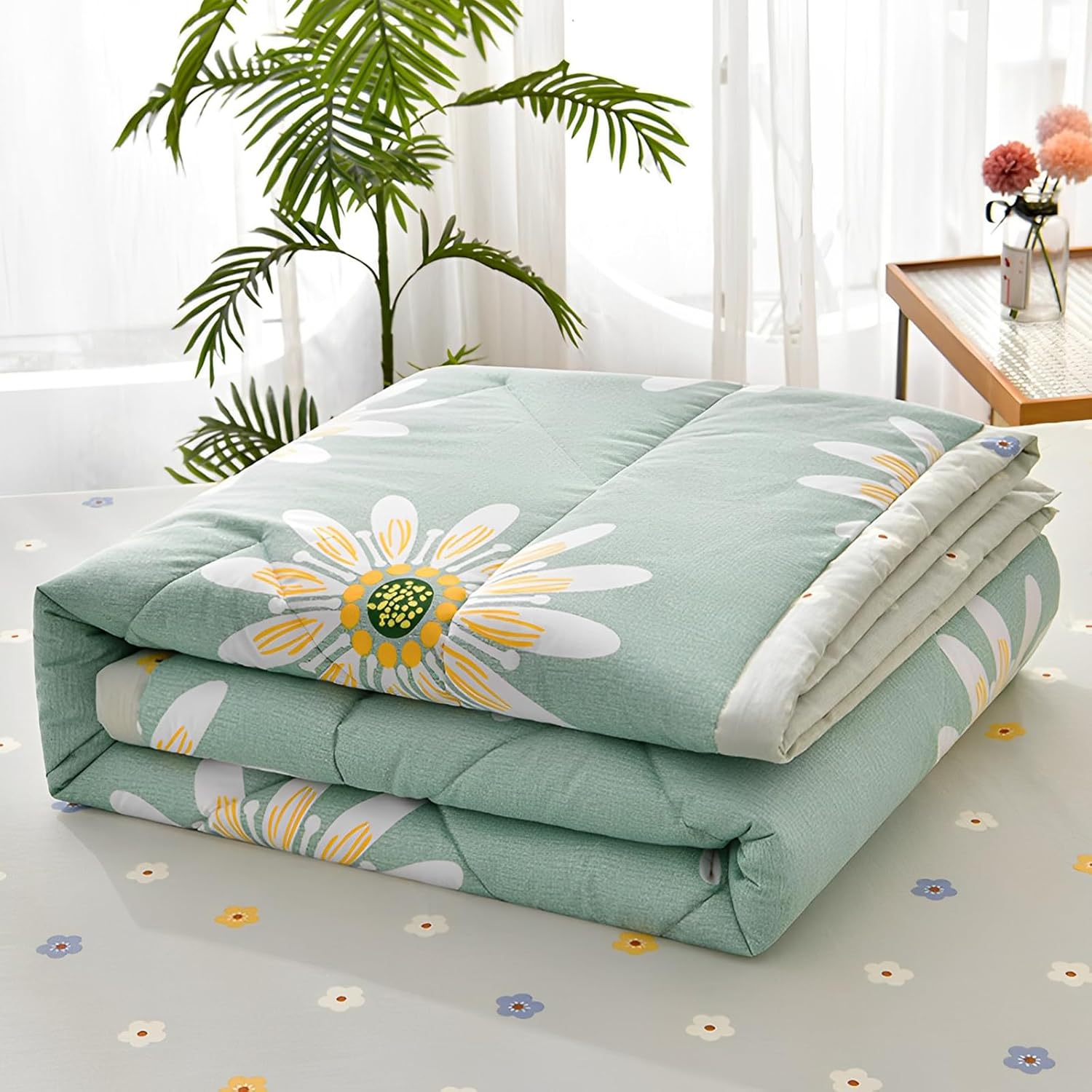 Chickwin Quilted Bedspread for Double Size, 200X230Cm Green Daisy Floral Printed Pattern Bedding Coverlets Lightweight Summer Bed Throws Comforter Soft Luxury Sofa Blanket for All Season