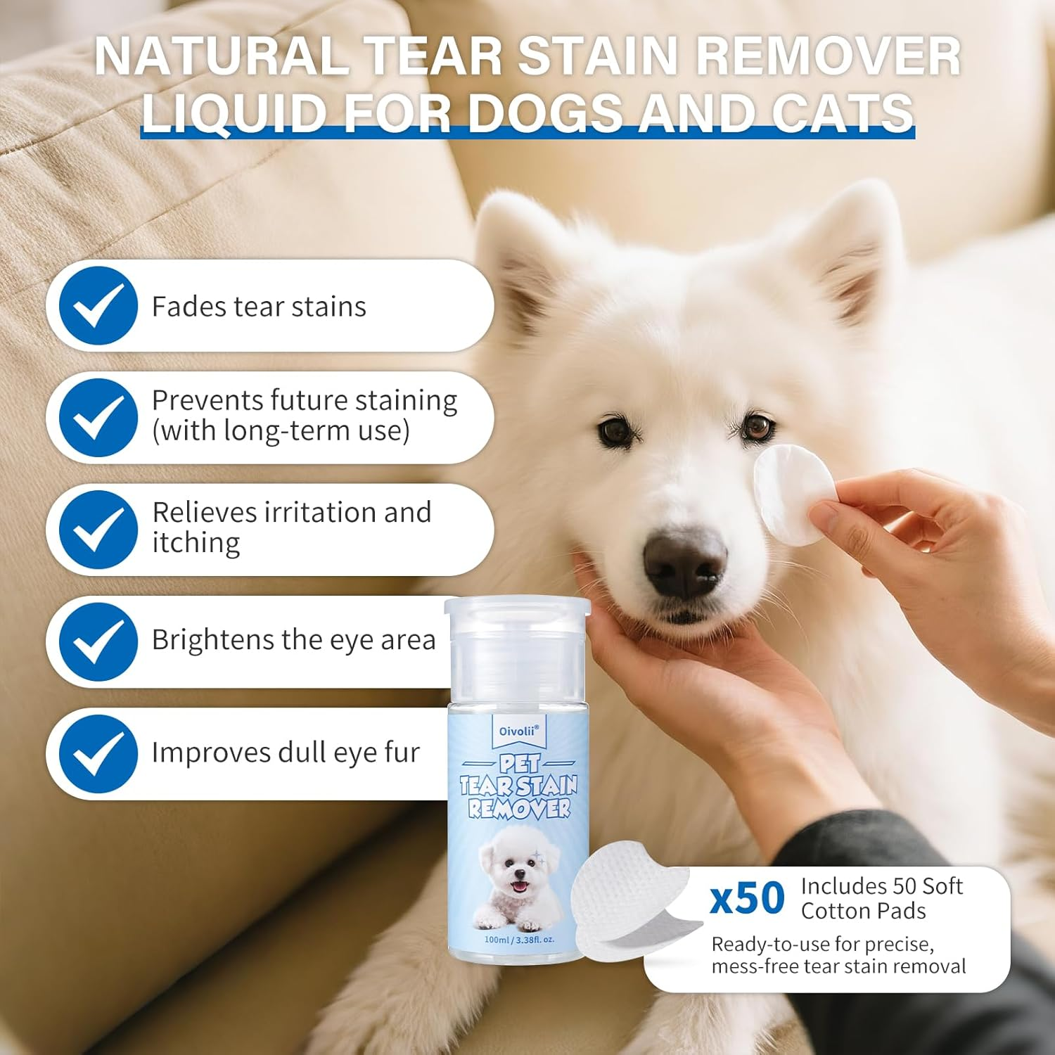 Natural Tear Stain Remover for Dogs and Cats 100 Ml, Eye Cleaning Pads Pack of 50 - Gentle, Safe & Non-Irritating Formula Effectively Removes Tear Stains, Eye Secretions, Discharge and Mucus image number 5