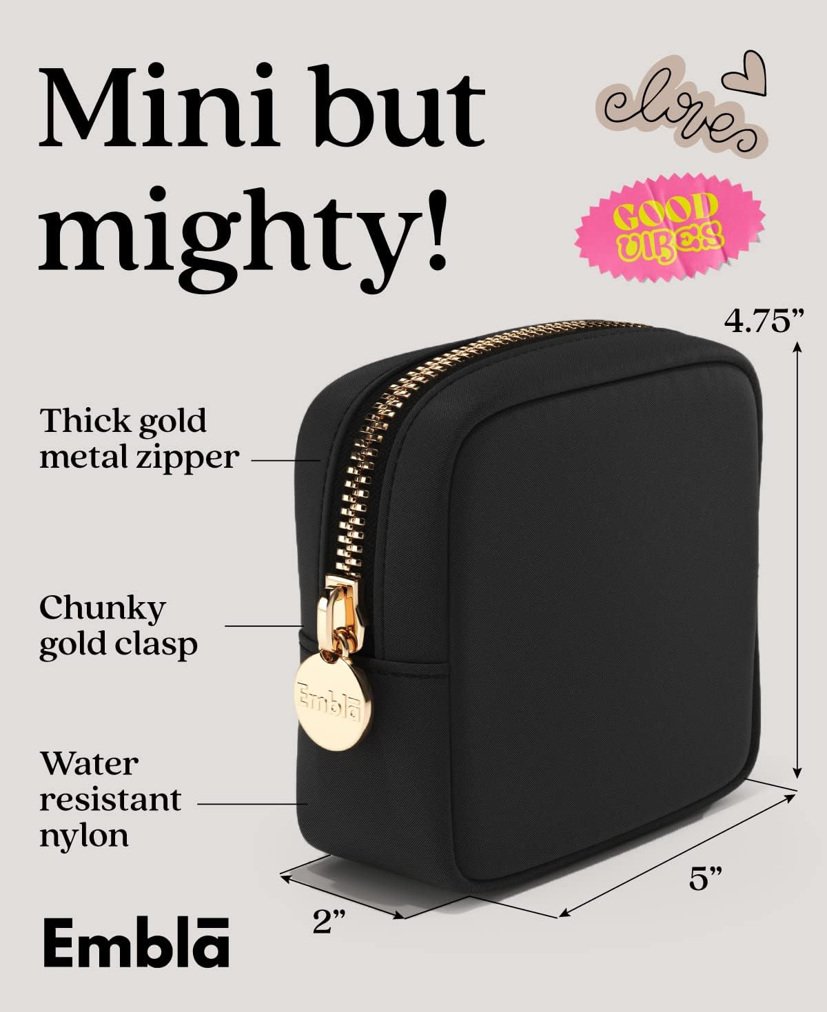 Embla Makeup Bag - Travel Pouch, Toiletry Bag, Organizer, Nylon Cosmetic Zipper Pouches Clutch, Coin Purse, Storage Make up Bags Mini, Small, Large for Women, Girls, Men, Black, Mini image number 7