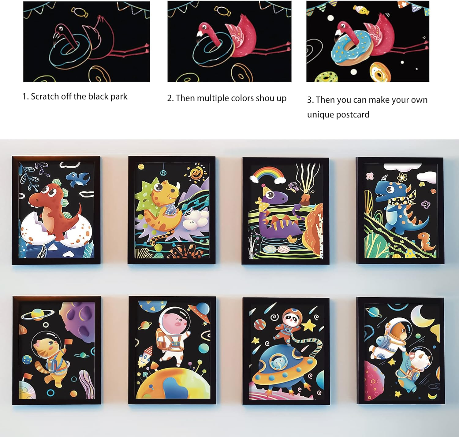 Scratch Art Rainbow Painting Scratch off Doodle Paper, Womens Hobbies Engraving Art Craft Set, Creative Gifts for Girls Boys Students Drawing Older Kids Scratch Art Pads 8 Sheets (Dinosaur & Space) - Dinosaur  Space image number 3