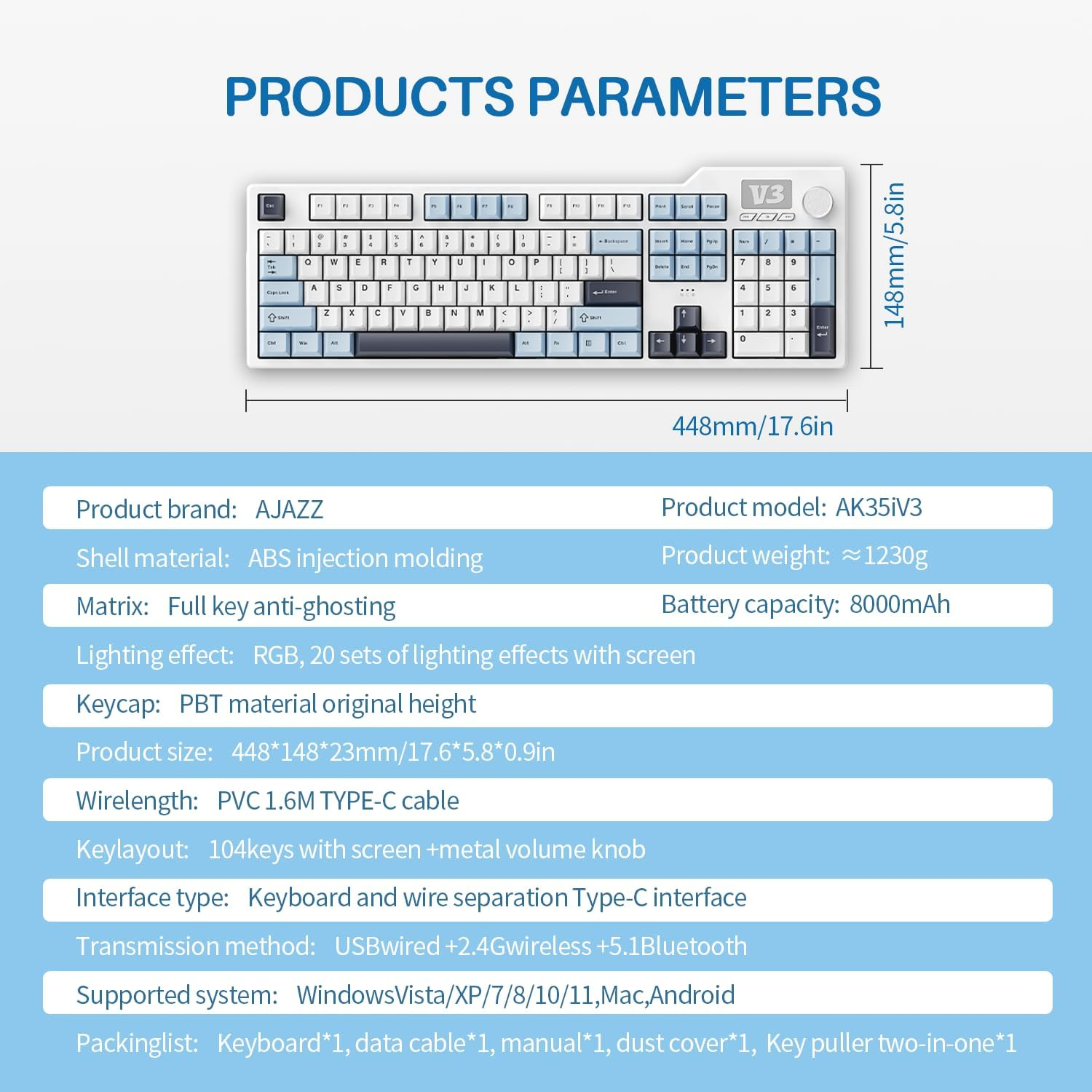 AJAZZ AK35I V3 Full Size Wired Gasket Mount Keyboard with Multimedia Buttons & Knob Control | Five Layer Pad | OEM Profile PBT Keycaps | White Backlit Custom Keyboard image number 3