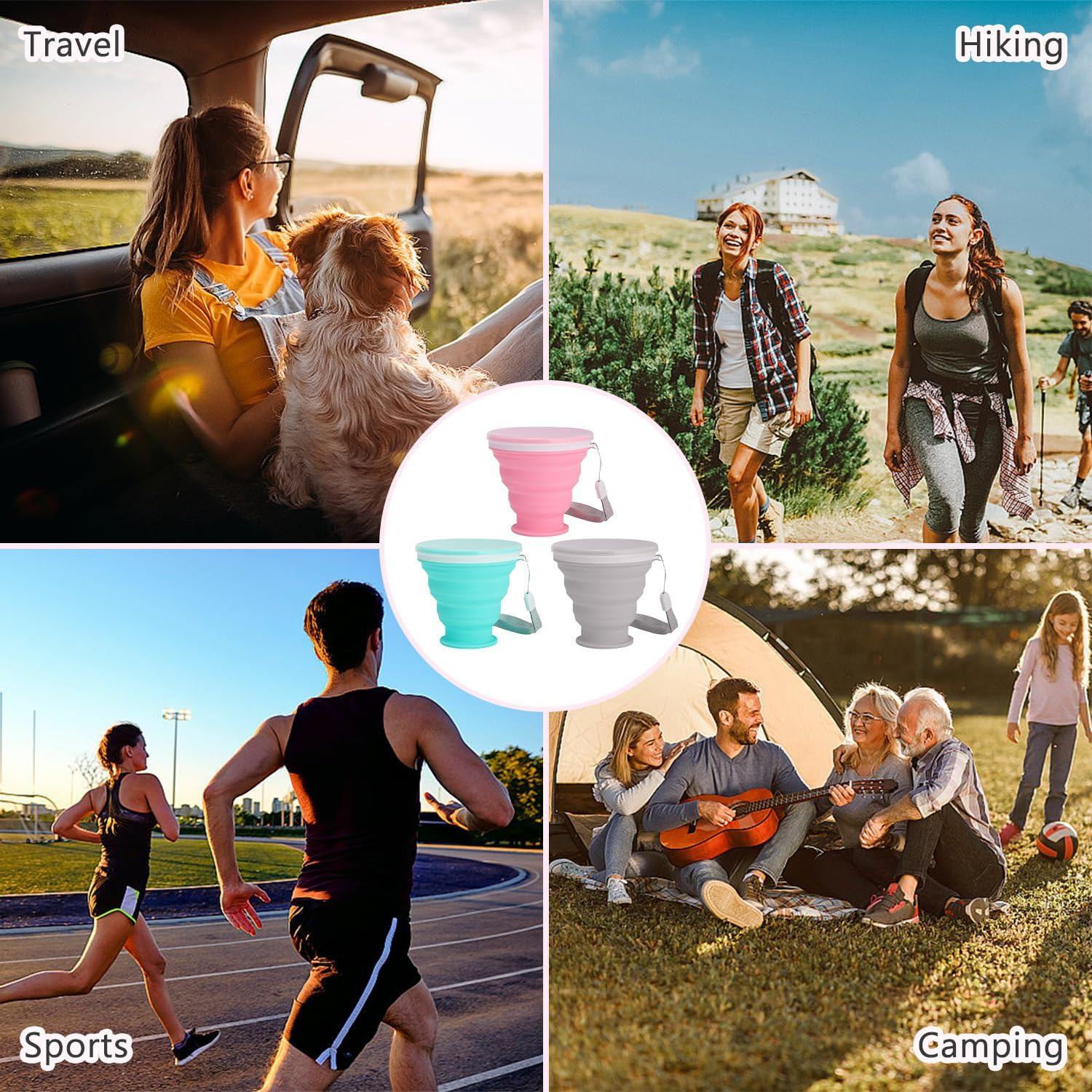 SYEYCW 3 Pcs Collapsible Cups, Silicone Foldable Cup, Folding Silicone Cups with Plastic Sealing Lid, Reusable Portable Cup Set, Folding Cup for Picnic, Camping, Outdoor Hiking, Traveling, 3 Colours