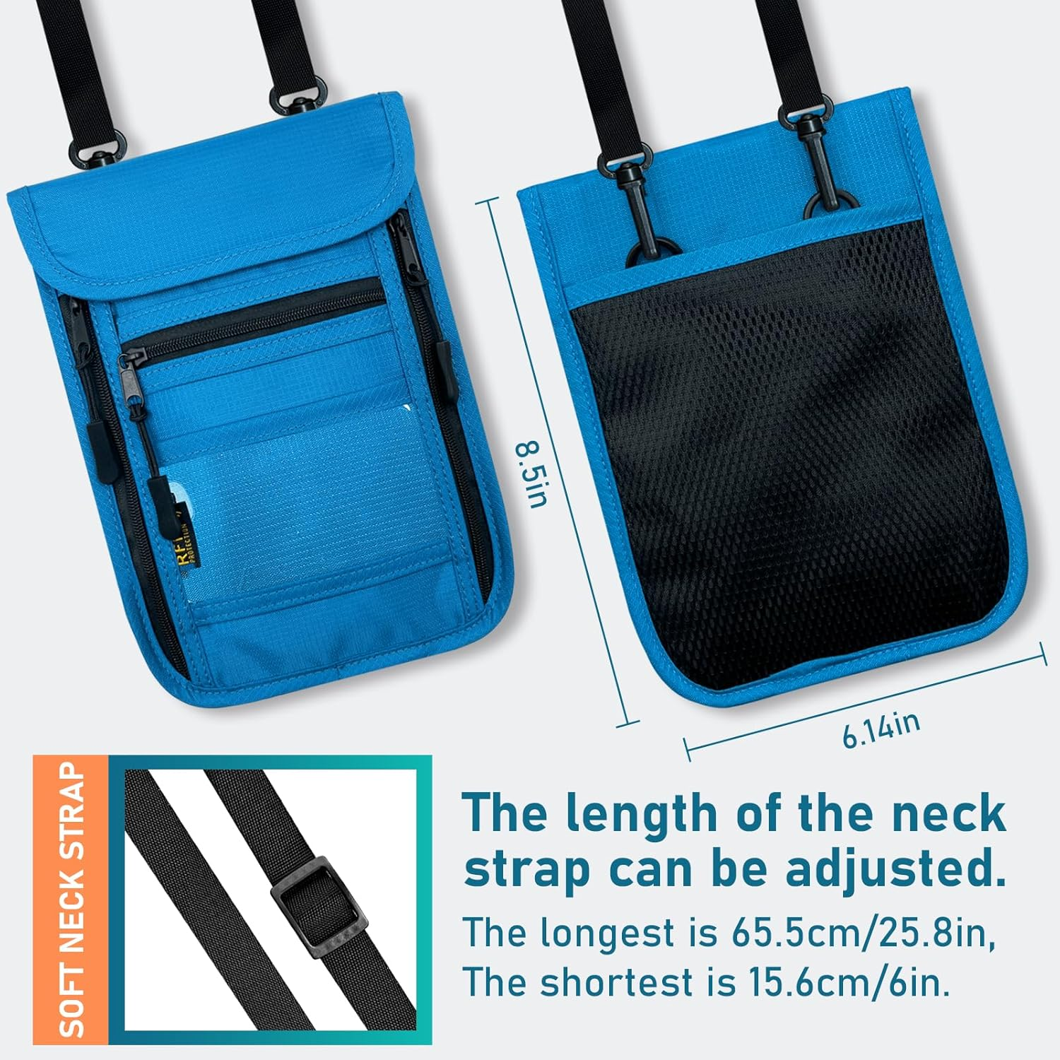 Sundee Travel Neck Wallet with Double Zippers, RFID Blocking Passport Holder with Adjustable Neck Strap for Men and Women to Keep Cash, Credit Cards and Travel Documents Safe, Lake Blue, S, Classic - Black image number 4