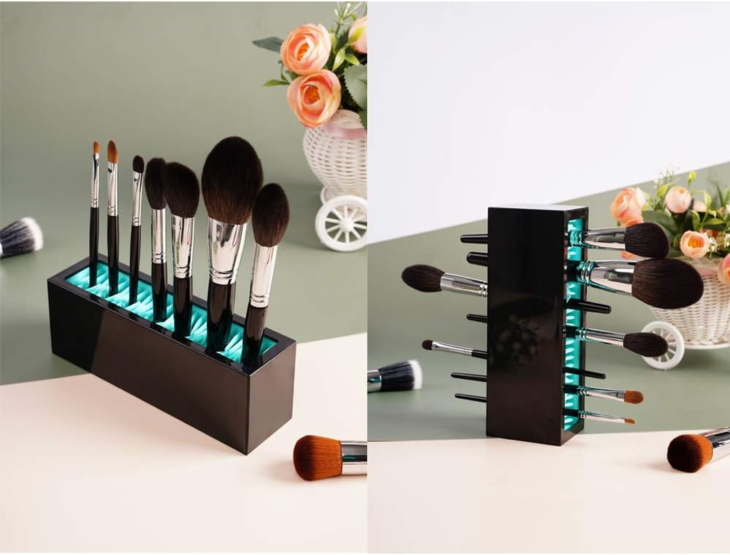 Makeup Brushes Holder Organizer, Silicone Vanity Air Drying Rack Display Storage for Brush, Eyeliners and More, Practical Cosmetic Tools Container (Blue-Black) - Blue-White image number 7