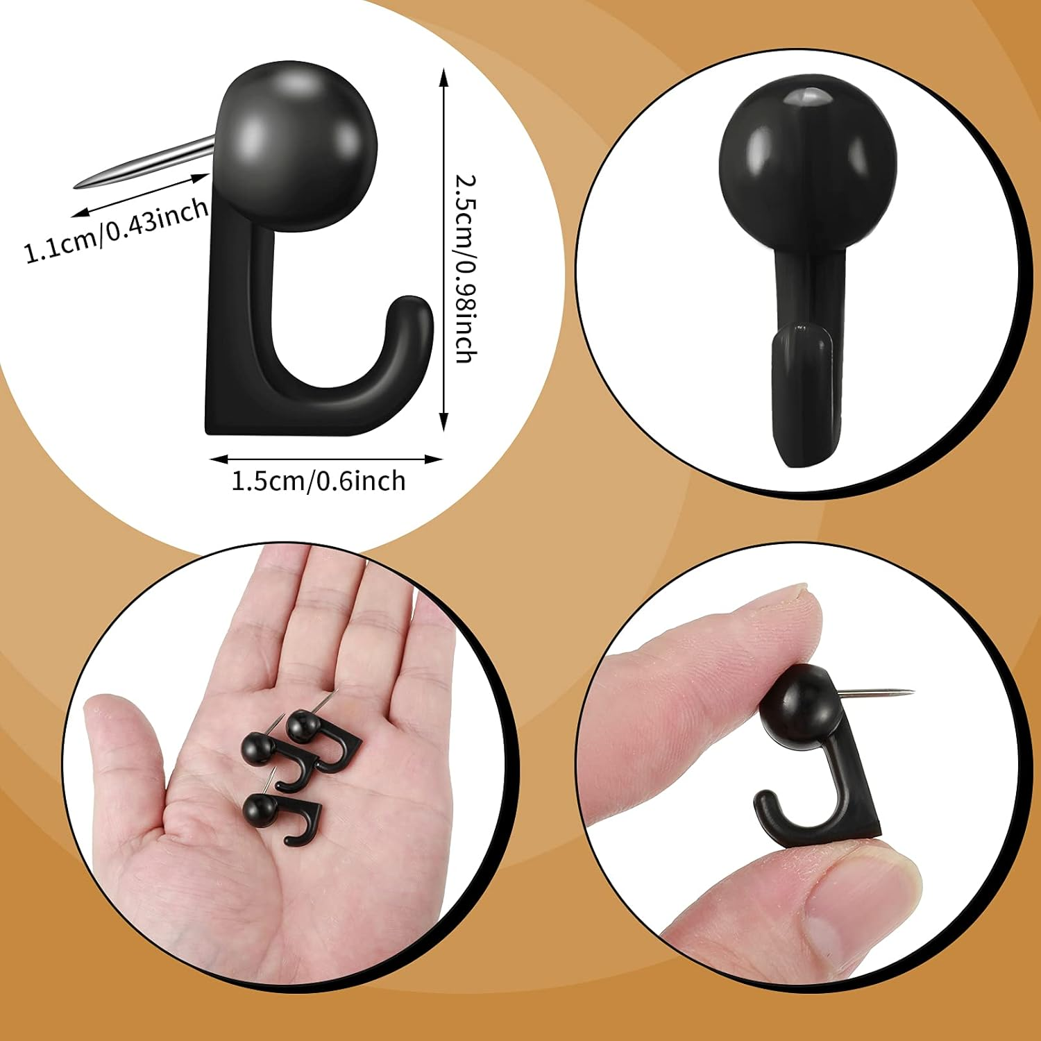 Tenare 50 Pieces Push Pin Hooks Plastic Heads Pin Tacks Decorative Wall Thumb Tacks Hanging Nails for Cork Bulletin Board Map Photos Calendar Home Office Supplies(Black)