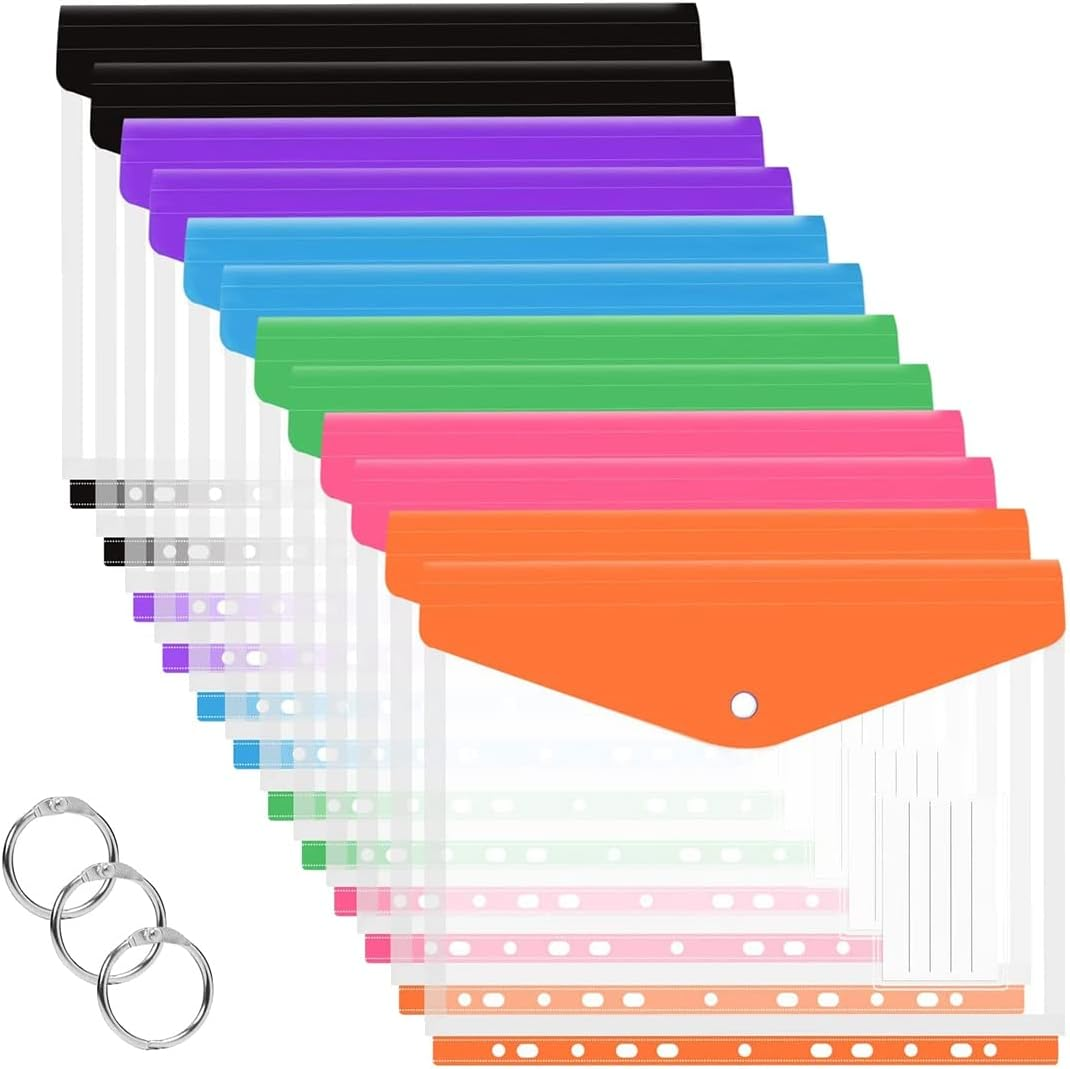 Veumoie 12 Pcs A4 Binder Pocket Expandable Envelopes Clear Plastic Envelopes for Ring Binder Folder, Snap Button image number 3