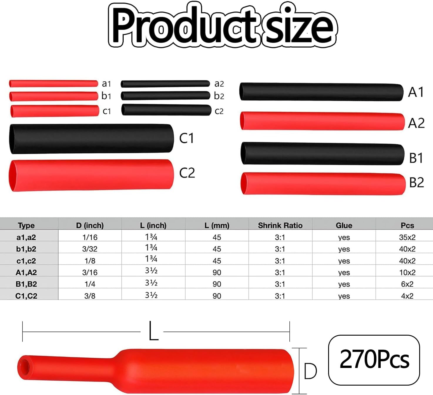 WADY 270Pcs Heat Shrink Tubing Kit, Black+Red,6 Sizes, Waterproof Wire Shrink Wrap Tubing, with Plastic Storage Case, for Wire Cable Shrinks Wraping Repair Insulation DIY image number 1